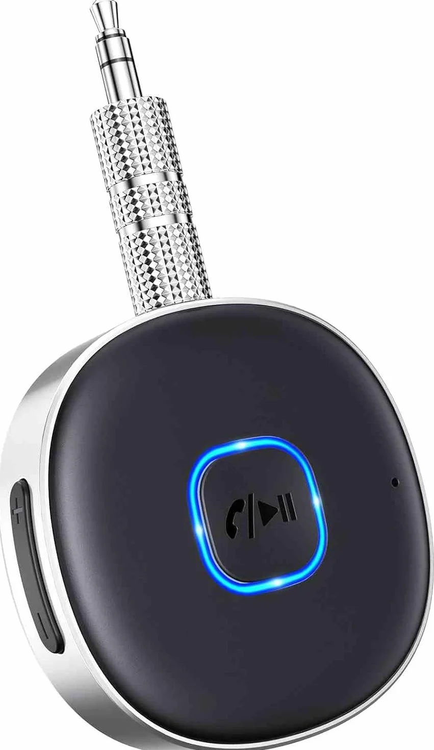 Mohard Receptor Bluetooth 5.0, AUX Adaptador Bluetooth Coche Audio Jack 3.5mm para Estéreo Domestico/Altavoz/Auriculares con Cable, Llamadas Manos Libres y Conexión Dual, Tiempo de Reproducción 16H