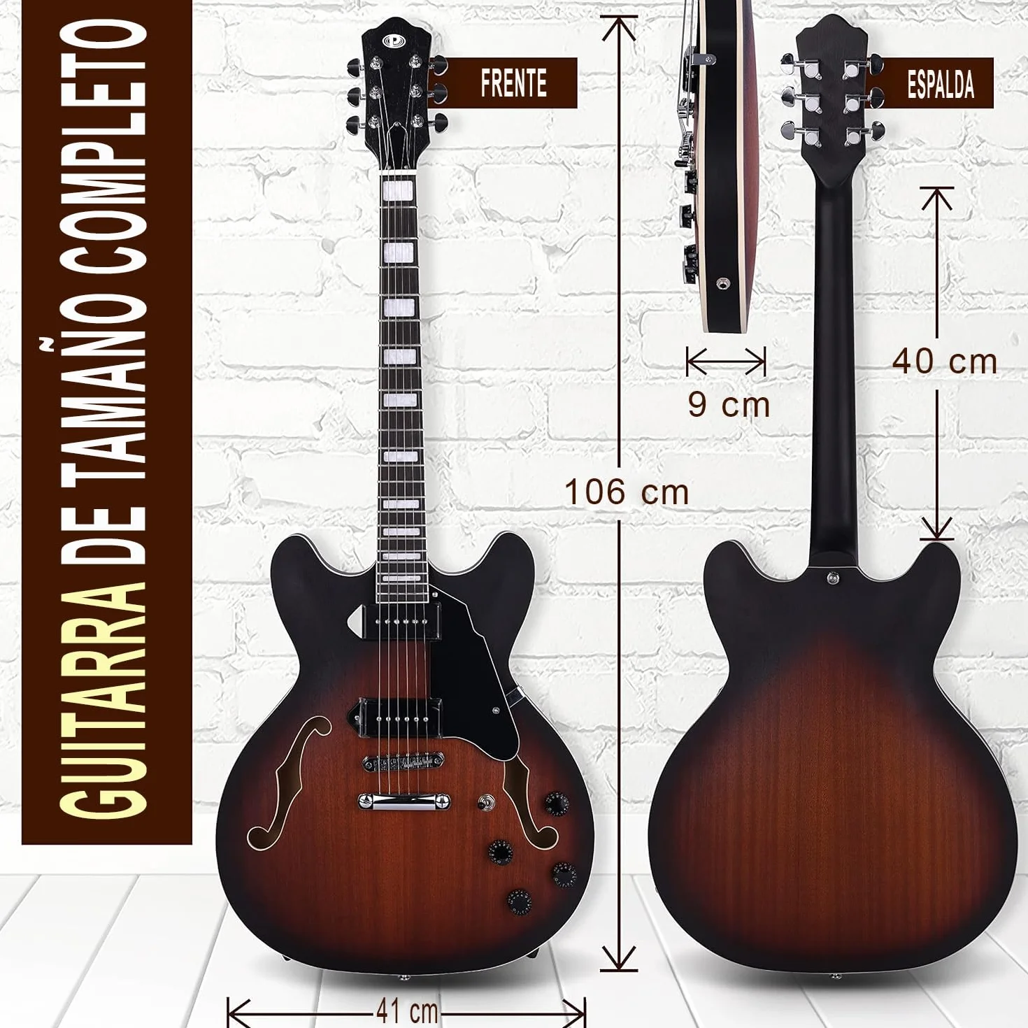 Pyle kit de guitarra electrica de cuerpo semihueco, Tamaño completo, 41.8”, Set de instrumentos de jazz con funda, Acabado mate y Sunburst