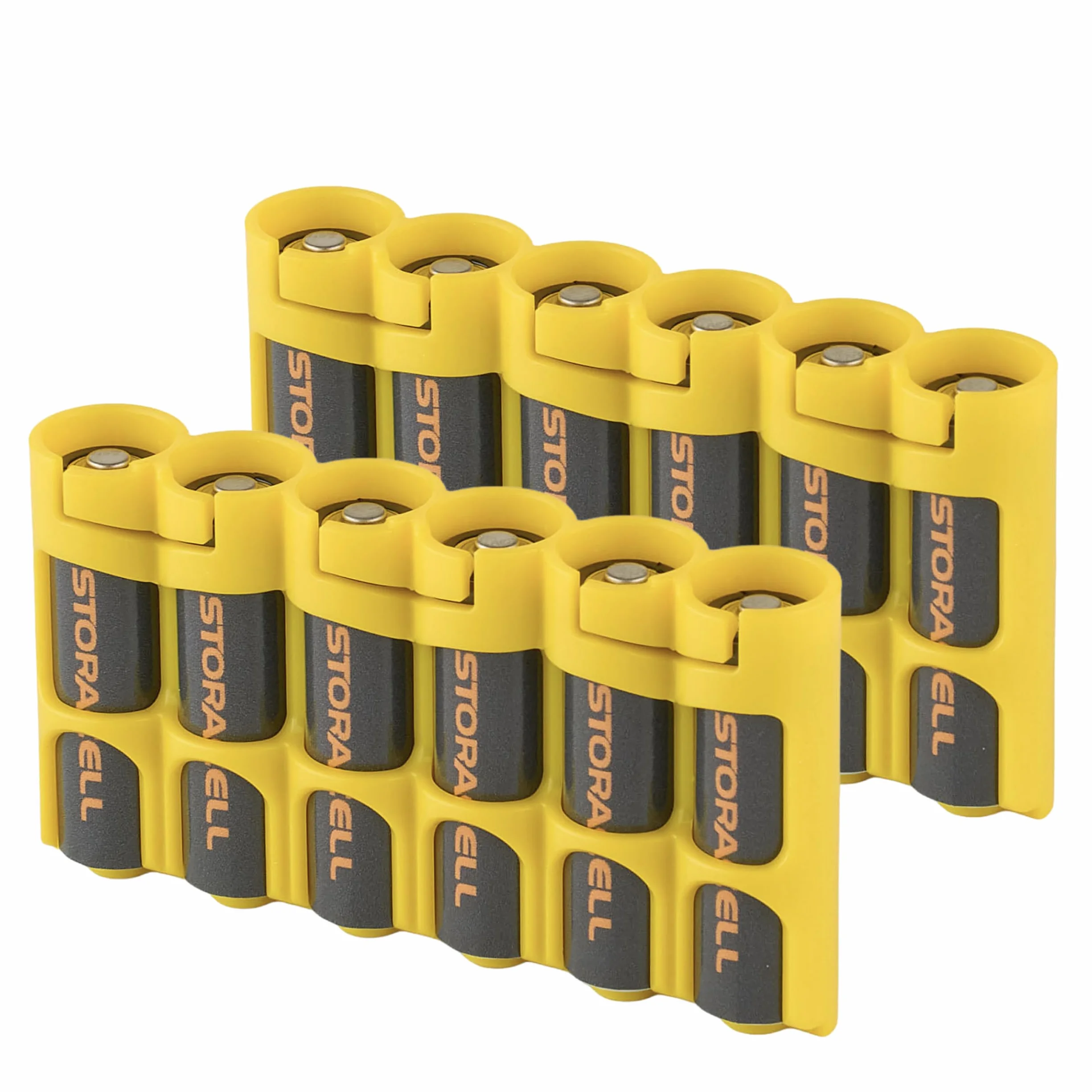 Storacell Organizador de almacenamiento de baterías AA (paquete de 2), amarillo, tiene capacidad para 6 pilas AA (no incluidas), el organizador de baterías original, fabricado en los Estados Unidos