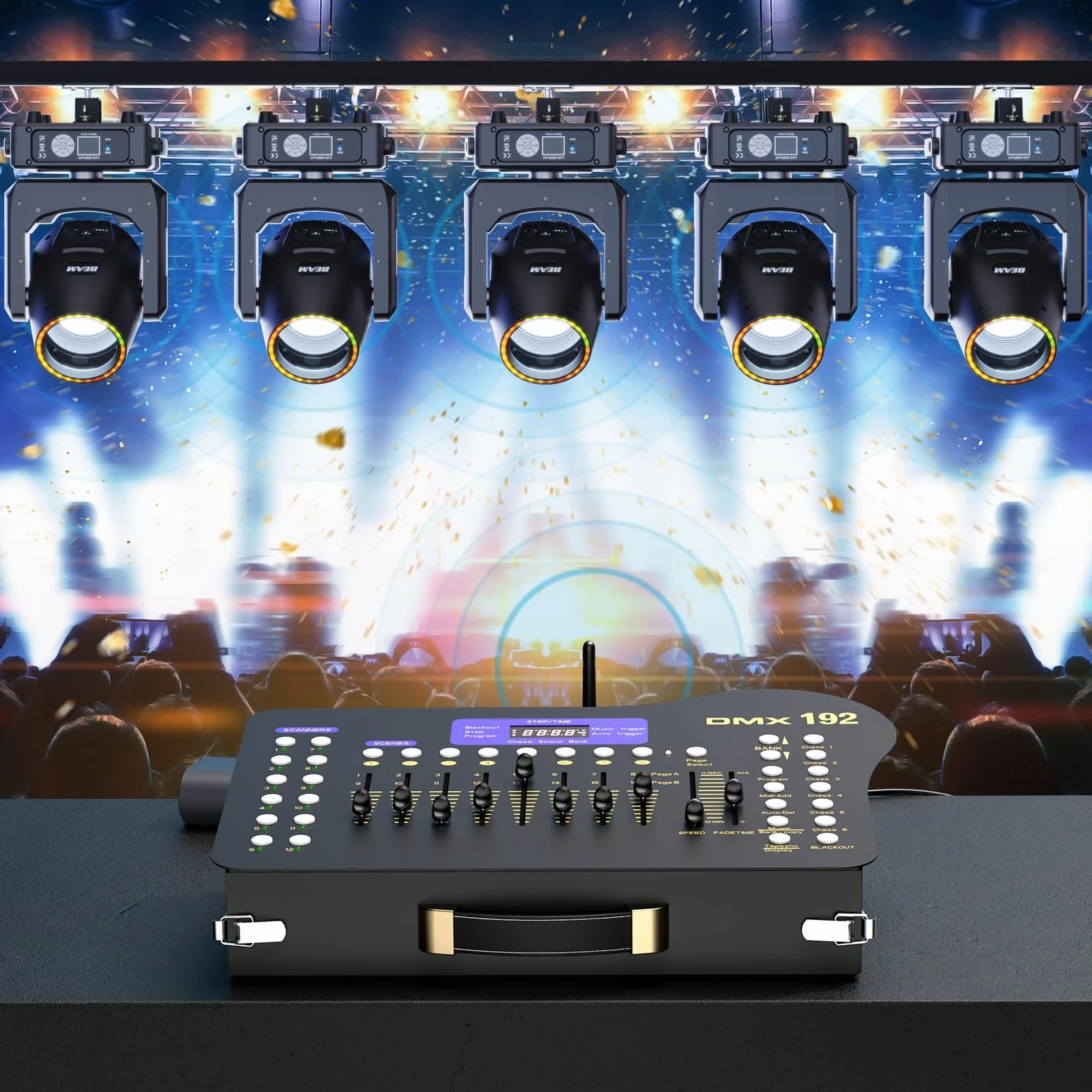 U`King DMX Controlador DJ de 192 canales con cajón, con transmisor DMX inalámbrico, para controlador DMX 512, fiesta, luz de discoteca, luz de fiesta de Halloween