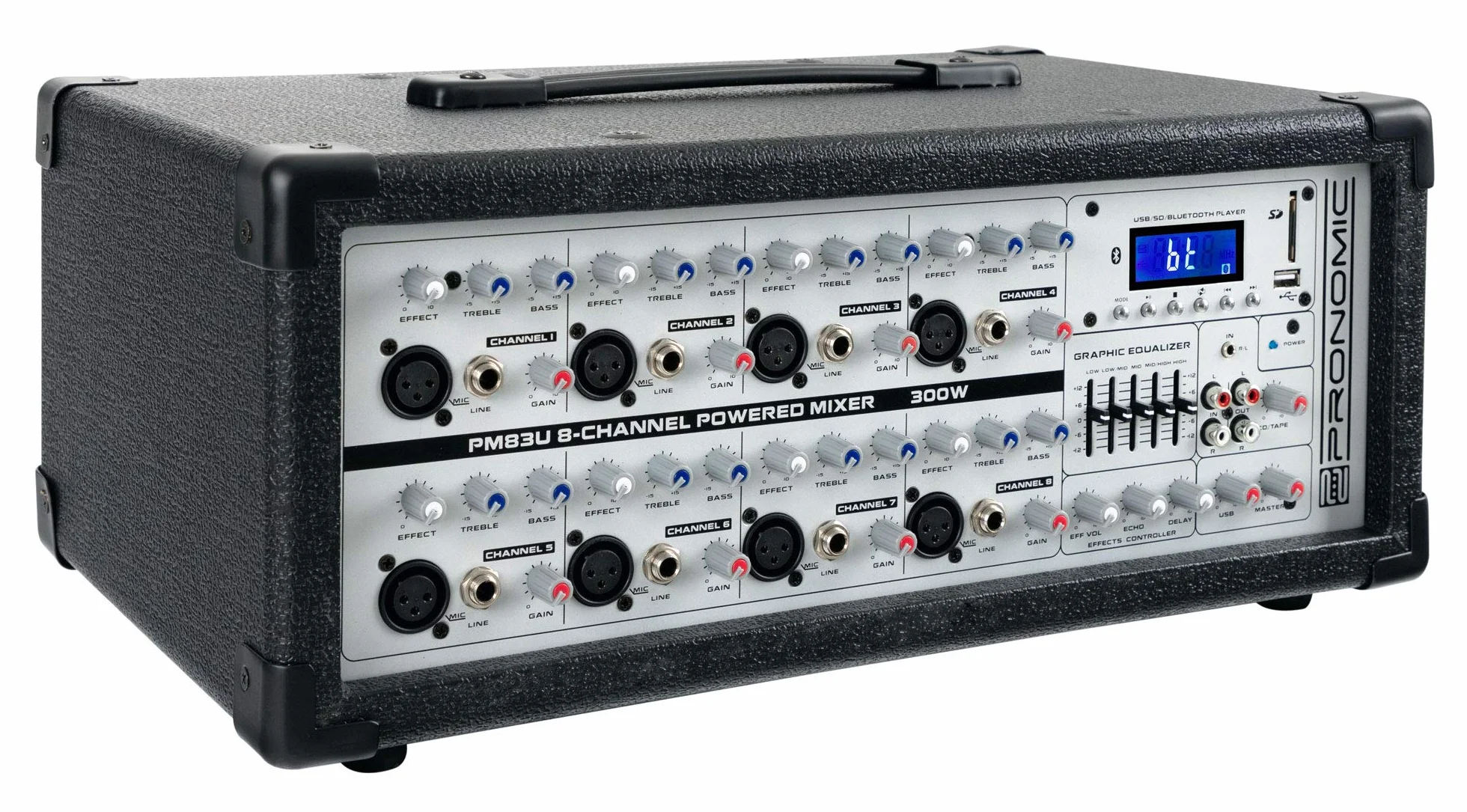 Pronomic PM83U mezclador de potencia de 8 canales con reproductor MP3 USB/SD/Bluetooth (mesa de mezclas en vivo con amplificador integrado, dispositivo de efectos digital, 300W)