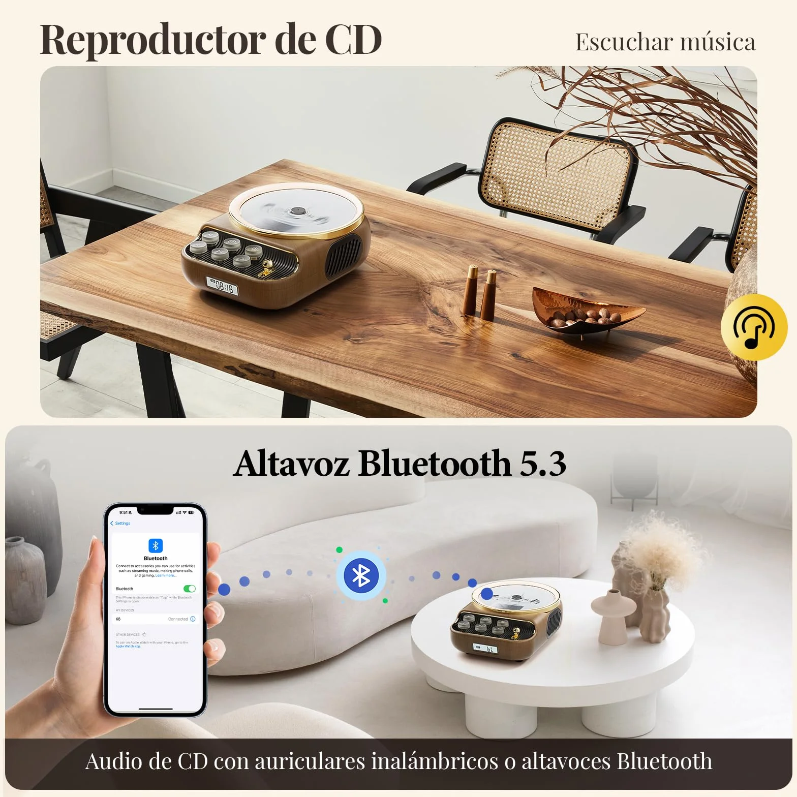 Reproductor de CD con Bluetooth 5.3, Altavoces, Radio FM, Control Remoto, Madera