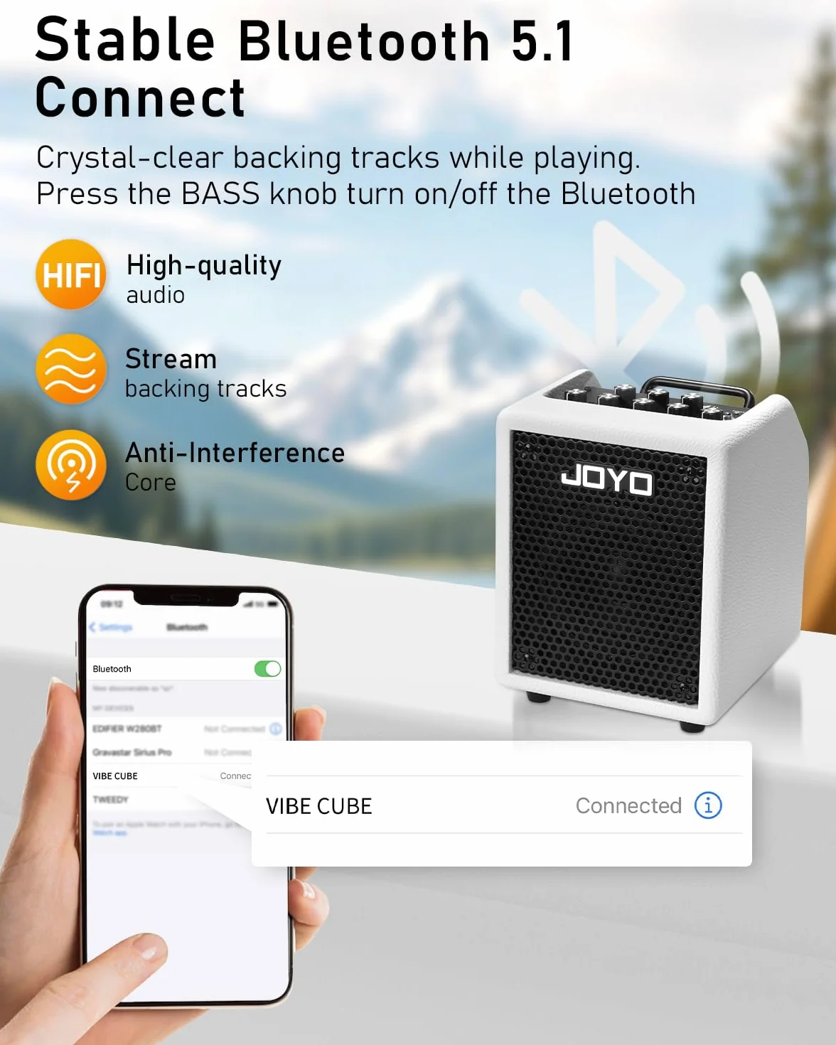 Joyo - Amplificador combinado de bajo 30 W portátil – altavoz de 4 pulgadas, EQ 3 bandas y compresor | Bluetooth 5.1 + grabación OTG, salida de auriculares para práctica solo (Vibe Cube BA-30, blanco)