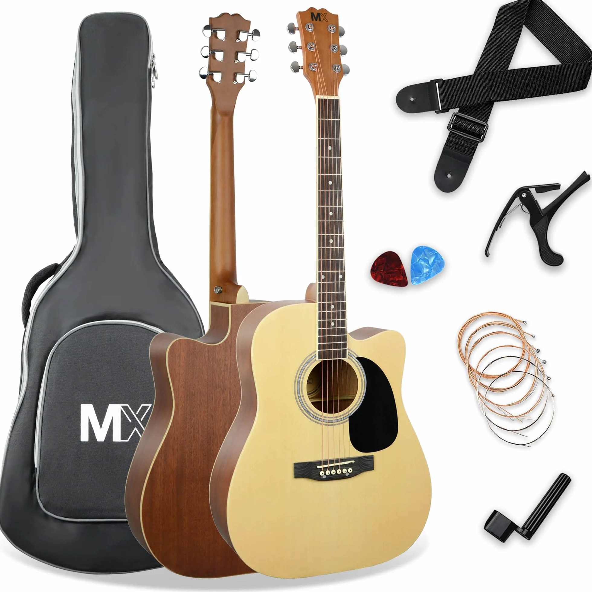 3rd Avenue Pack de guitarra acústica premium de tamaño estándar con cortadura y tapa anterior de abeto en color natural