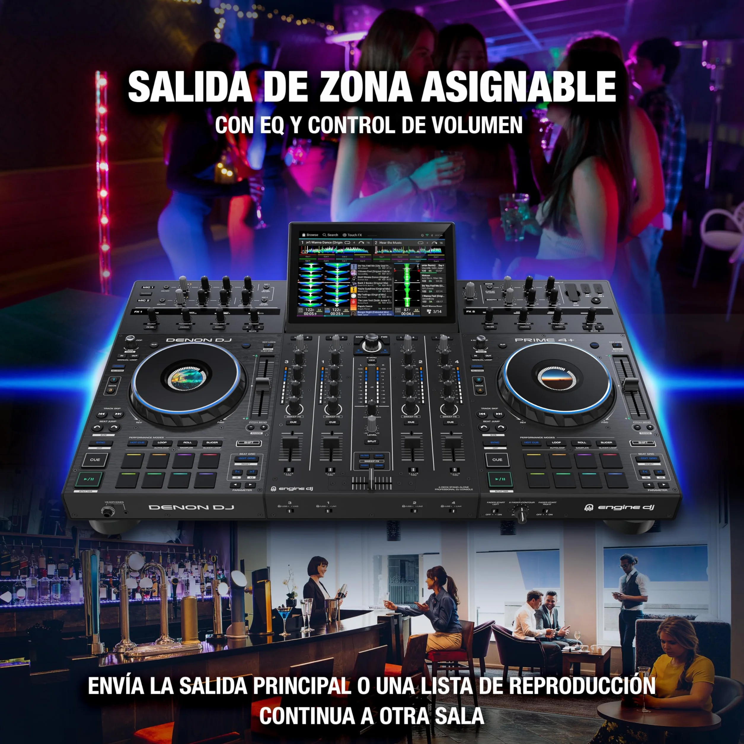 Denon DJ PRIME 4+ Controlador DJ Autónomo con Separación de Stems en 4 Decks, Streaming por WIFI, Mezclador, Pantalla Táctil 10.1-Pugadas, Control de Luces, Negro