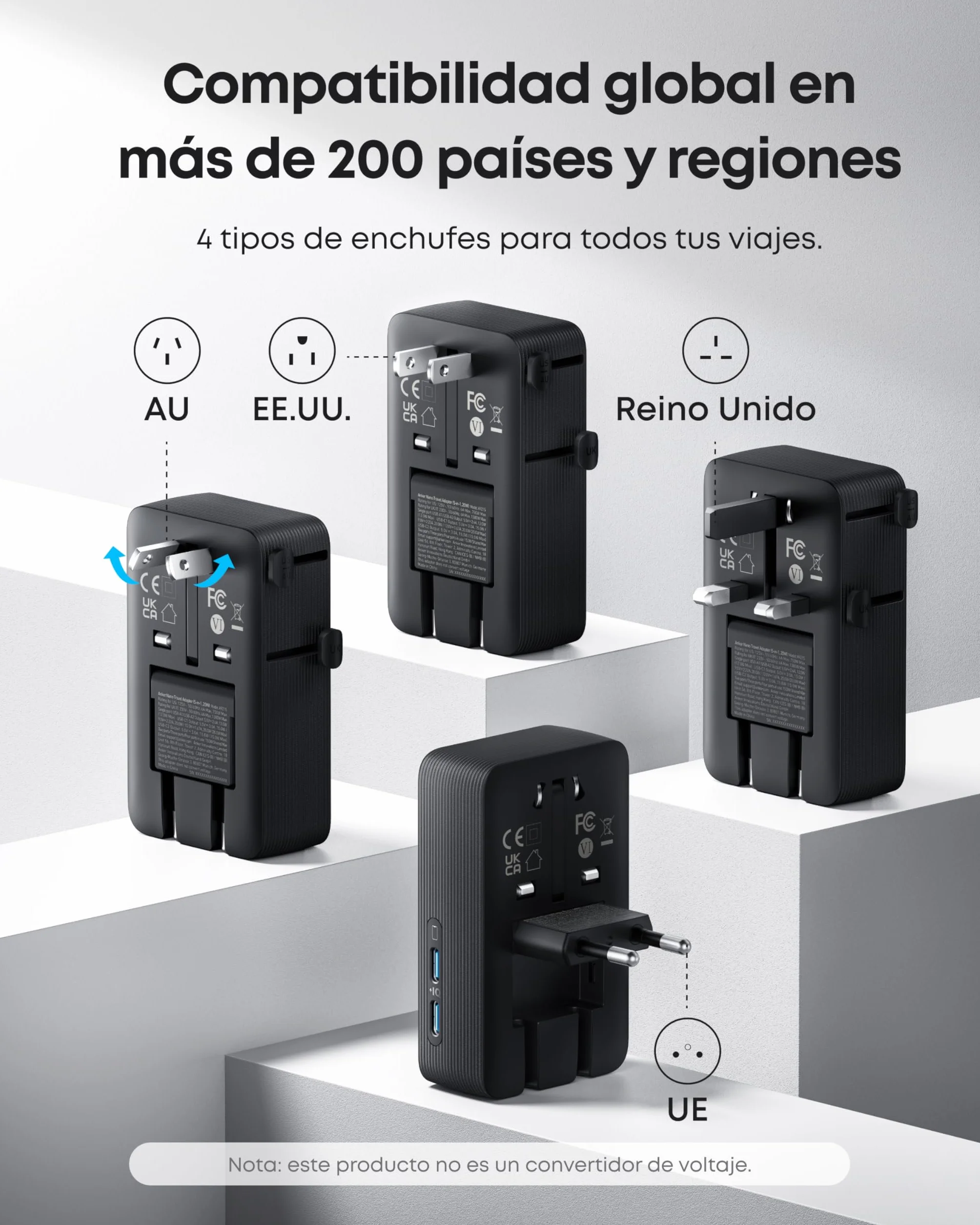 Anker Nano Adaptador Enchufe Universal de Viaje, 5 Puertos USB con 1 Puerto CA, 2 USBA y 2 USBC, Control de Temperatura