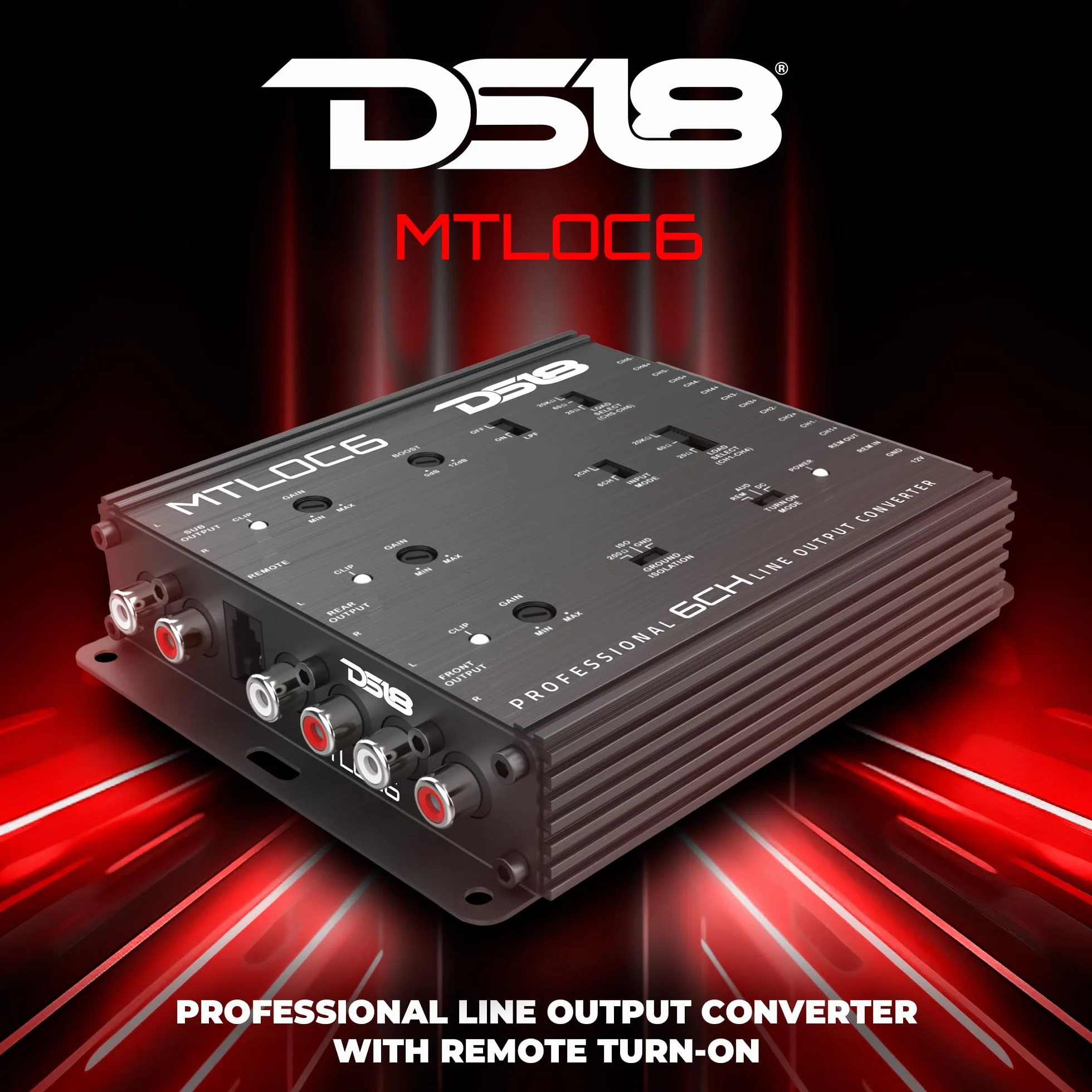 DS18 MTLOC6 - Convertidor de salida de línea de 6 canales de alto a bajo con encendido remoto | Impedancia de entrada seleccionable de 20/60/20 kΩ | Carcasa de aluminio con refuerzo de graves (0-12 dB