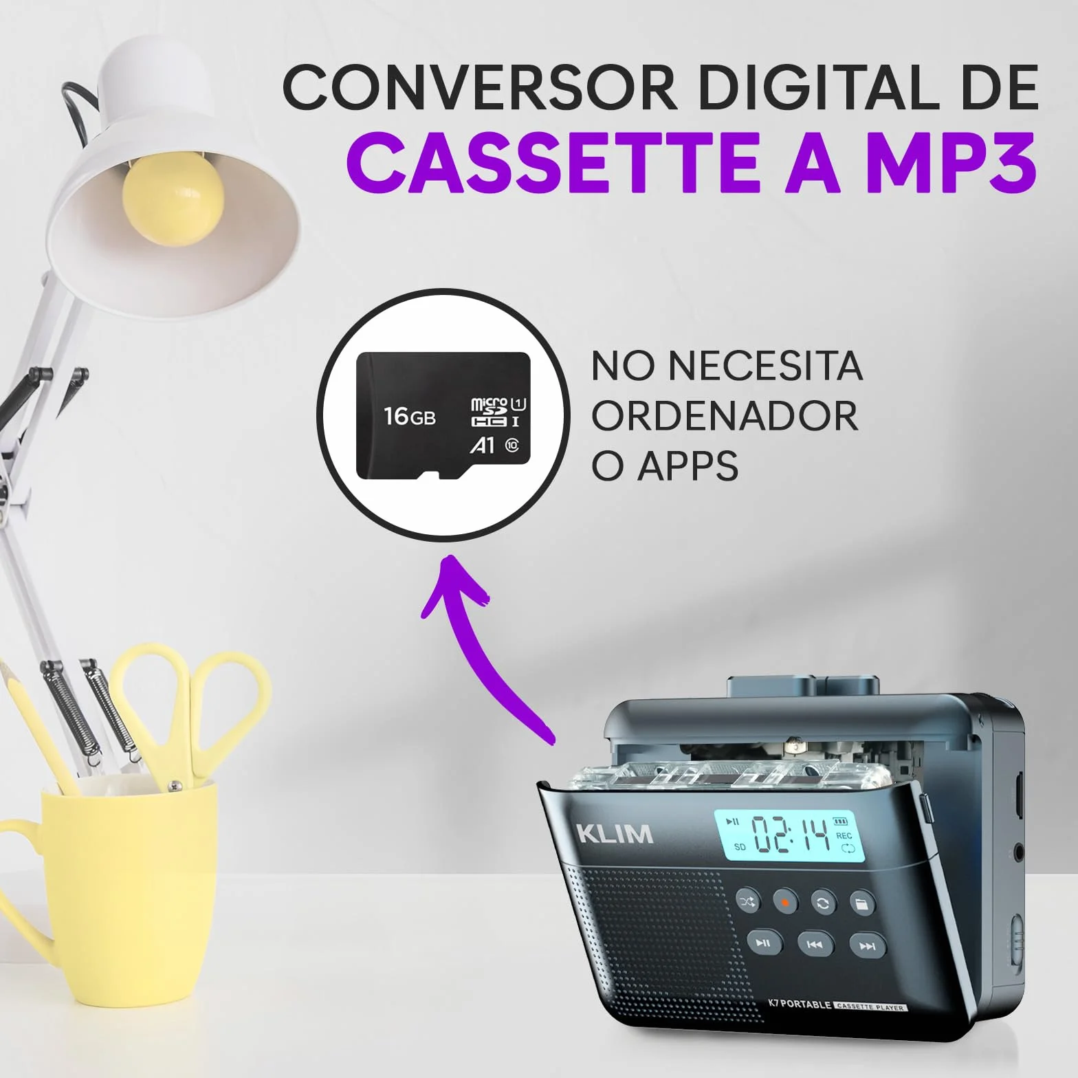 KLIM K7 Reproductor Cassette MP3 Portátil Micrófono Altavoz Batería Recargable Auriculares Tarjeta SD 16 GB Azul