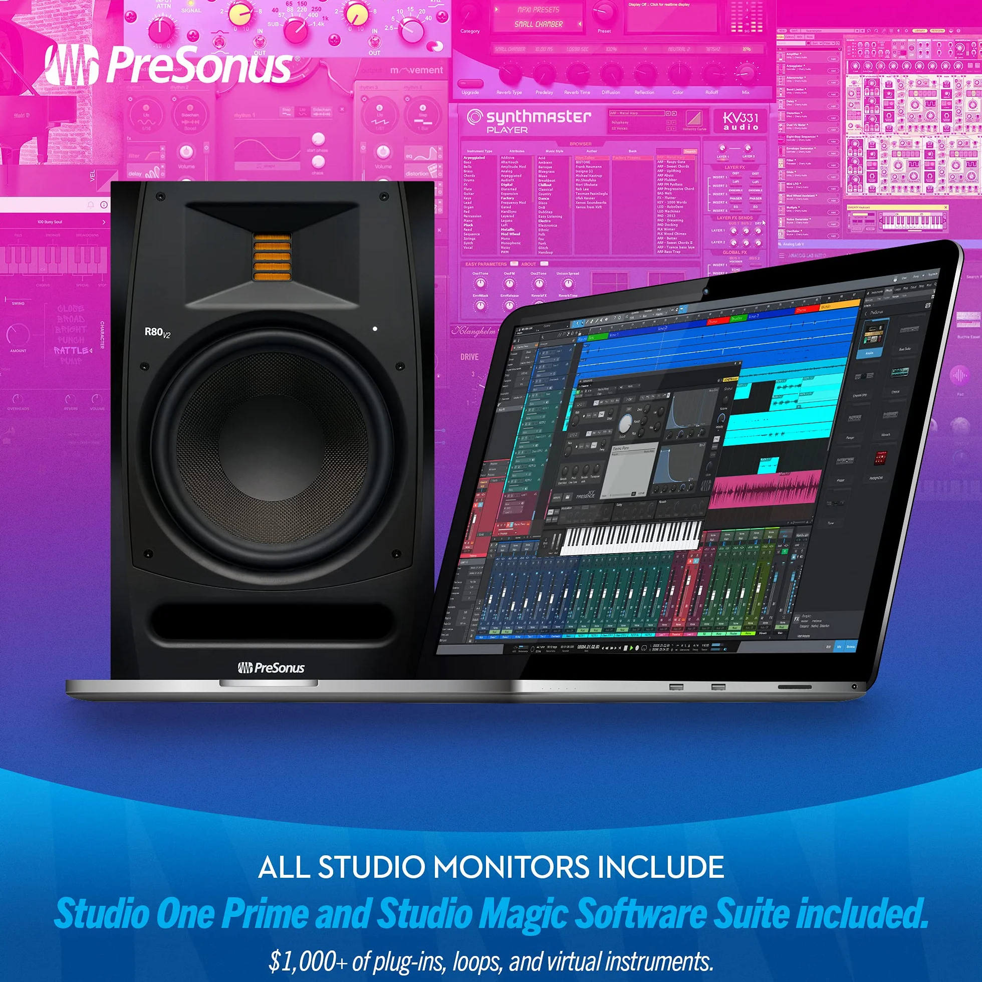 PreSonus R80 V2, Monitor de Estudio Polivalente, Claro y Preciso con Controles de Optimización Acústica y Tweeter AMT para una Escena Sonora Extendida y una Respuesta Transitoria Excepcional