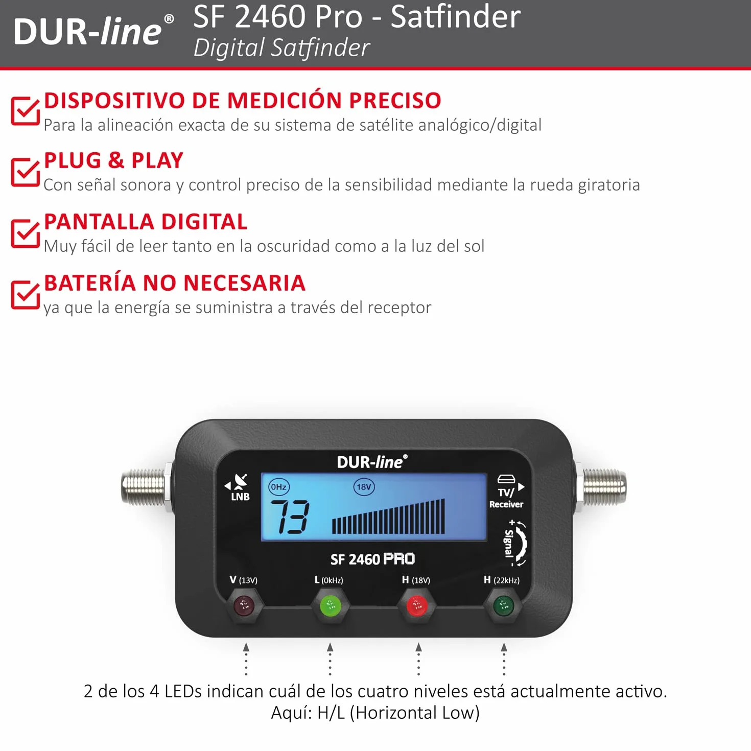 DUR-line SF 2460 Pro – Digital Satfinder – Medidor preciso para alinear tu cuenco satelital – Buscador de satélite, incluye cable F, señal de sonido, pantalla LCD, Astra, Hotbird
