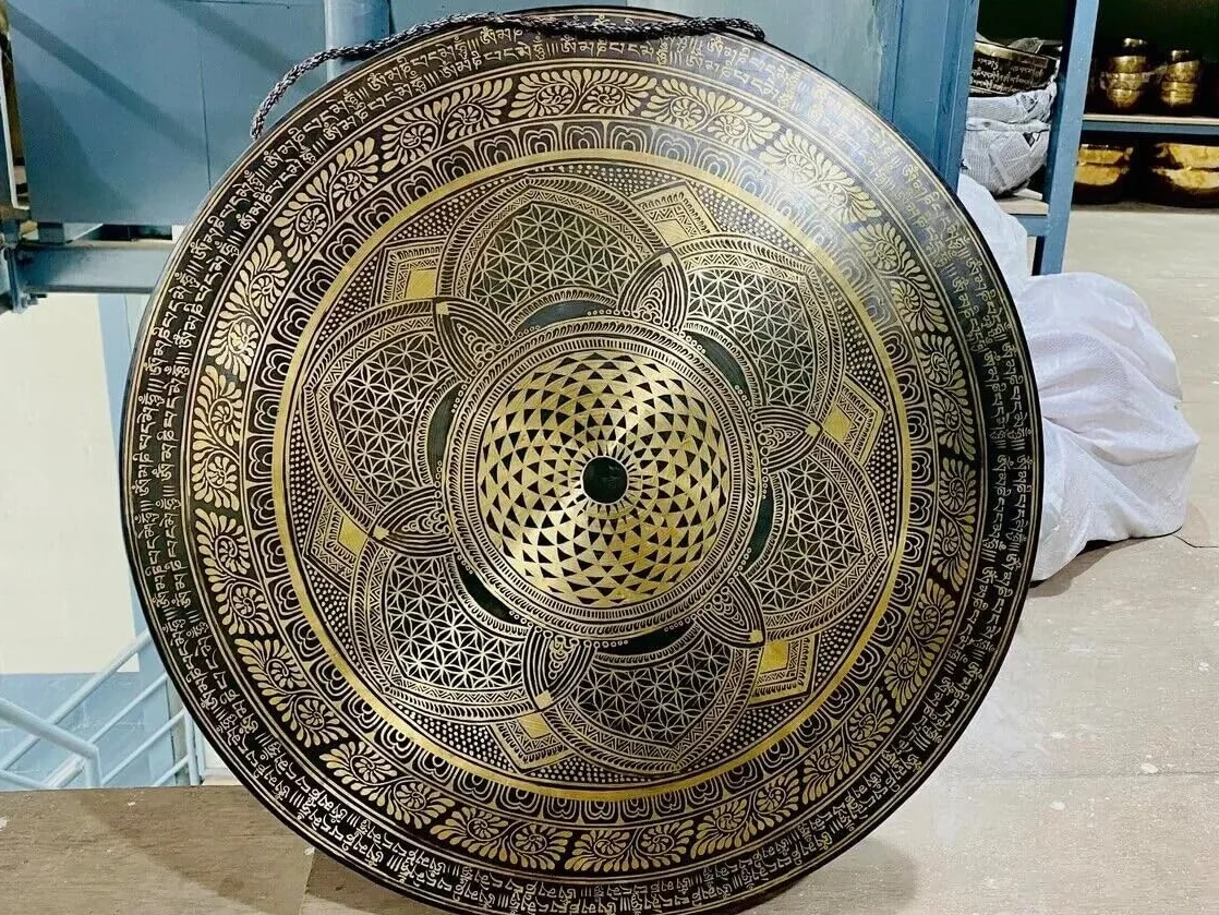 Gong de 50,8 cm, flor de la vida, hecho a mano, mantra tibetano, gong, meditación, yoga