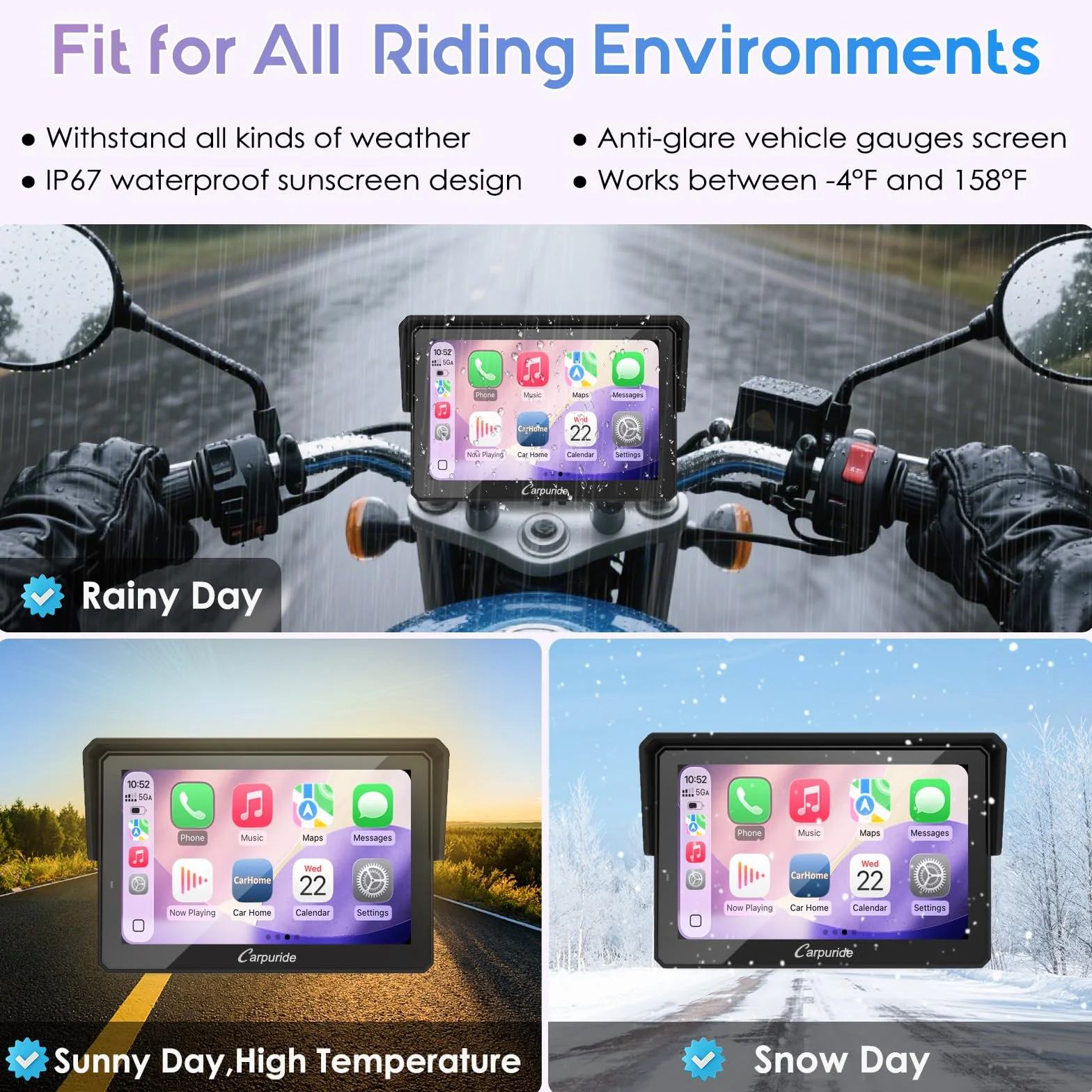 Carpuride W502TPRO Motocicleta CarPlay Android Auto TPMS Bluetooth GPS 5 Pulgadas Impermeable