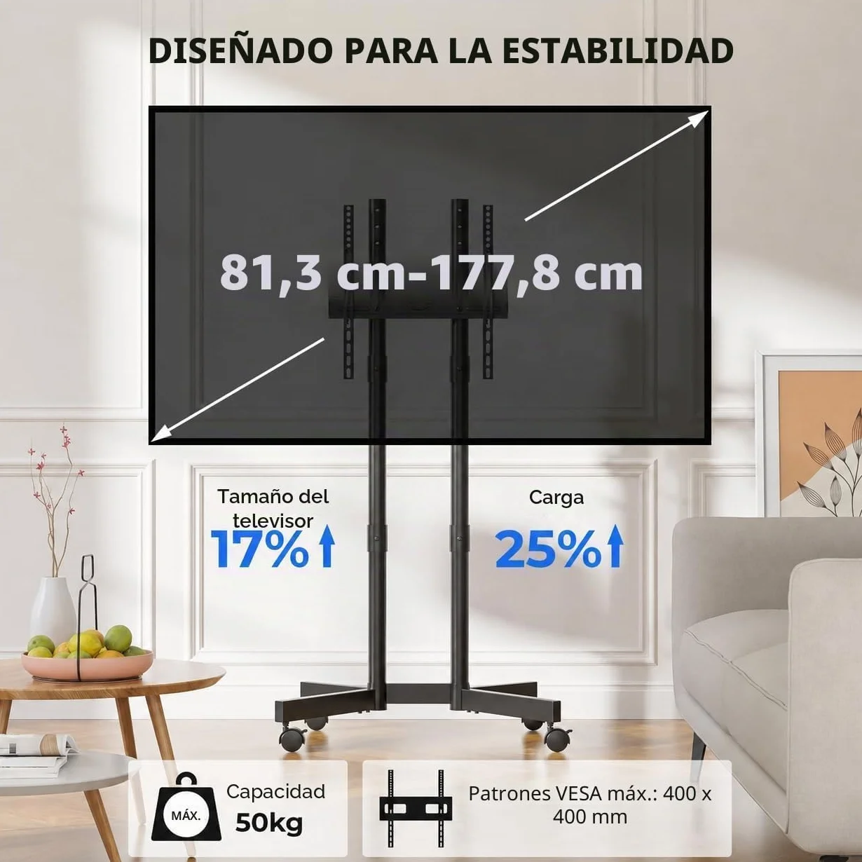 BONTEC Soporte TV Ruedas 32-70 Pulgadas, Pie Ajustable hasta 50 kg, VESA 400x400 mm