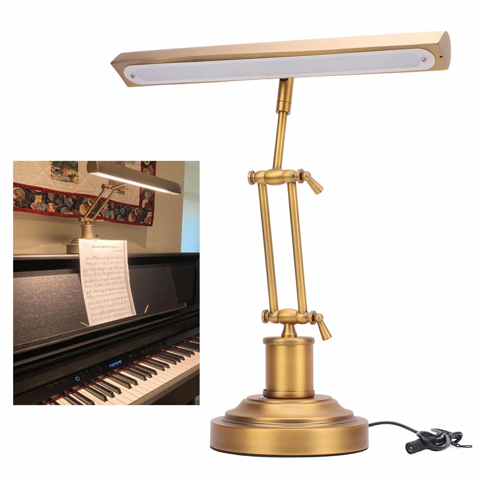 Dpofirs Lámpara de Piano Inclinada Retro, Cuidado de los Ojos con Luz de Piano de 12 W con Brazo Doble, 3000 K a 6000 K, Luz de Atril 85 CRI para Pianos (Enchufe de la UE)