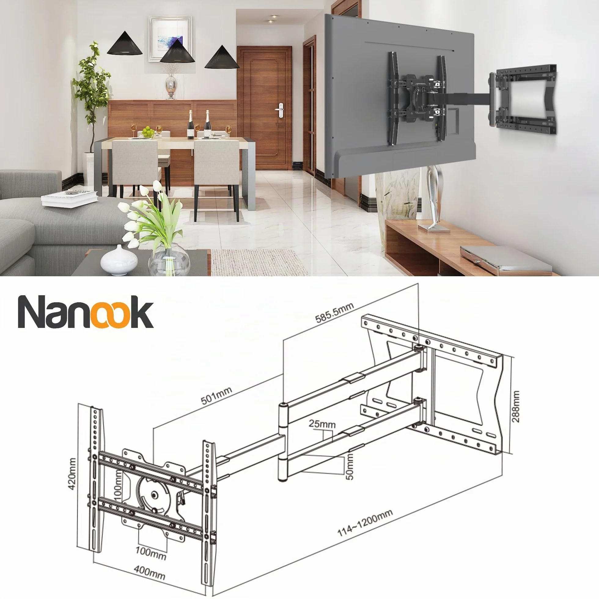 Nanook 2120 Soporte de Pared de Brazo Largo para televisores de 42 a 75 Pulgadas, Extensión Extra Larga de hasta 120 cm, Soporte de TV Que Permite Movimiento Completo, Soporta un Peso de hasta 40 kg