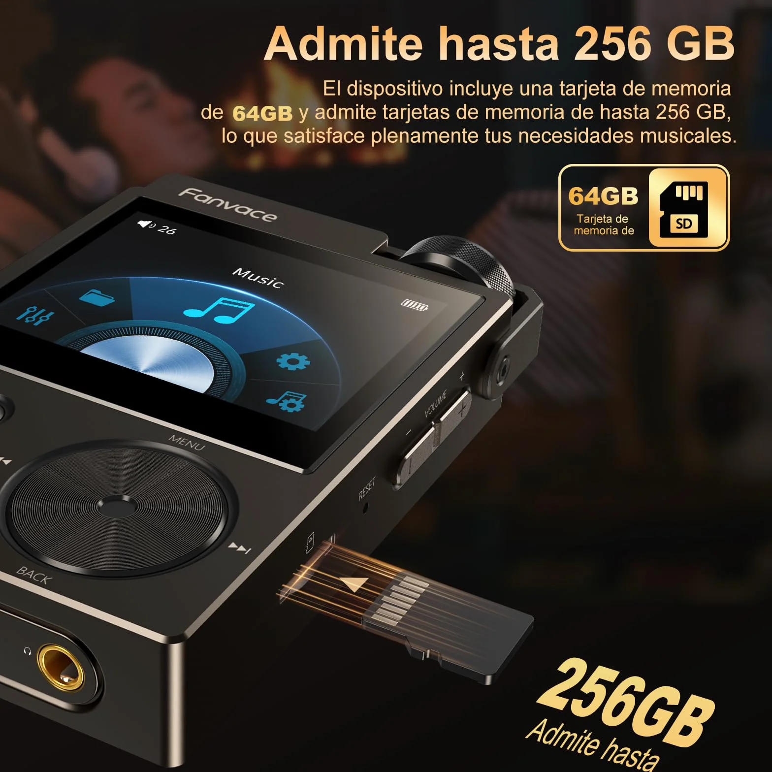 Reproductor MP3 de Alta fidelidad de 64 GB, Reproductor de Audio Digital de Alta resolución DSD sin pérdidas, Reproductor de Audio FLAC DAC portátil, Reproductor de Audio de 192 kHz/24 bits. (Black)