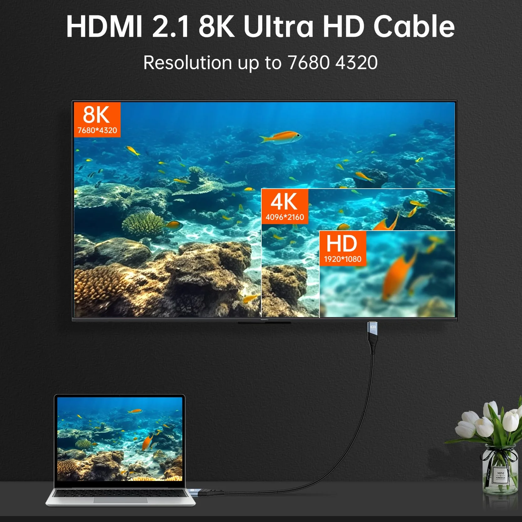 Cable HDMI 2.1 8K Ultra HD 48Gbps 8K@60Hz 4K@120Hz eARC HDCP 2.2&2.3 Compatible con HDTV PS5 Xbox Monitor 1M