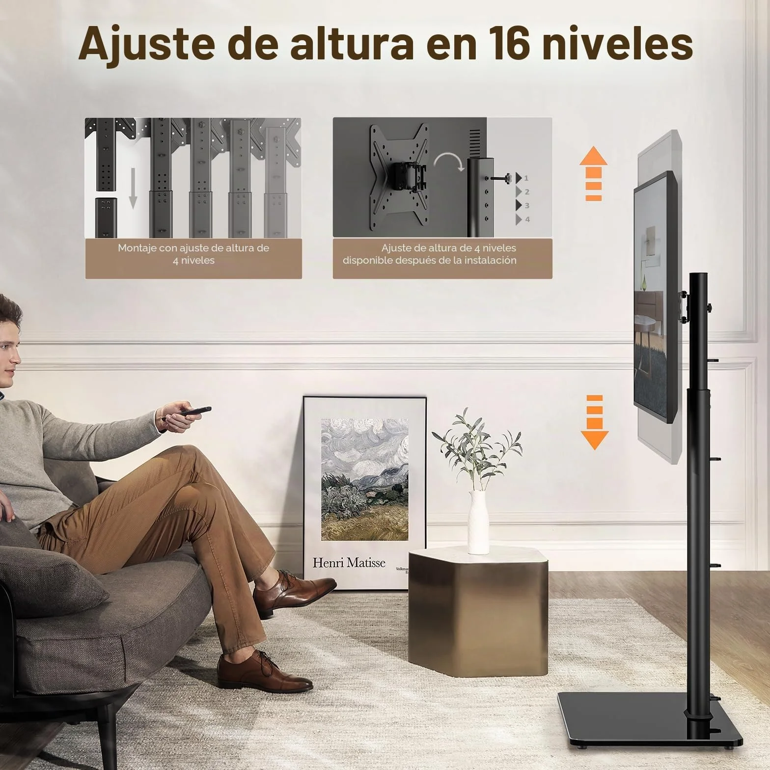 Hemudu Soporte TV Suelo para Televisores LCD, LED OLED de 19 a 43 Pulgadas, Altura Ajustable de 16 Niveles, Soporte Giratorio TV 100º, Inclinación 25º, Capacidad hasta 45 kg, MAX Vesa 200x200mm