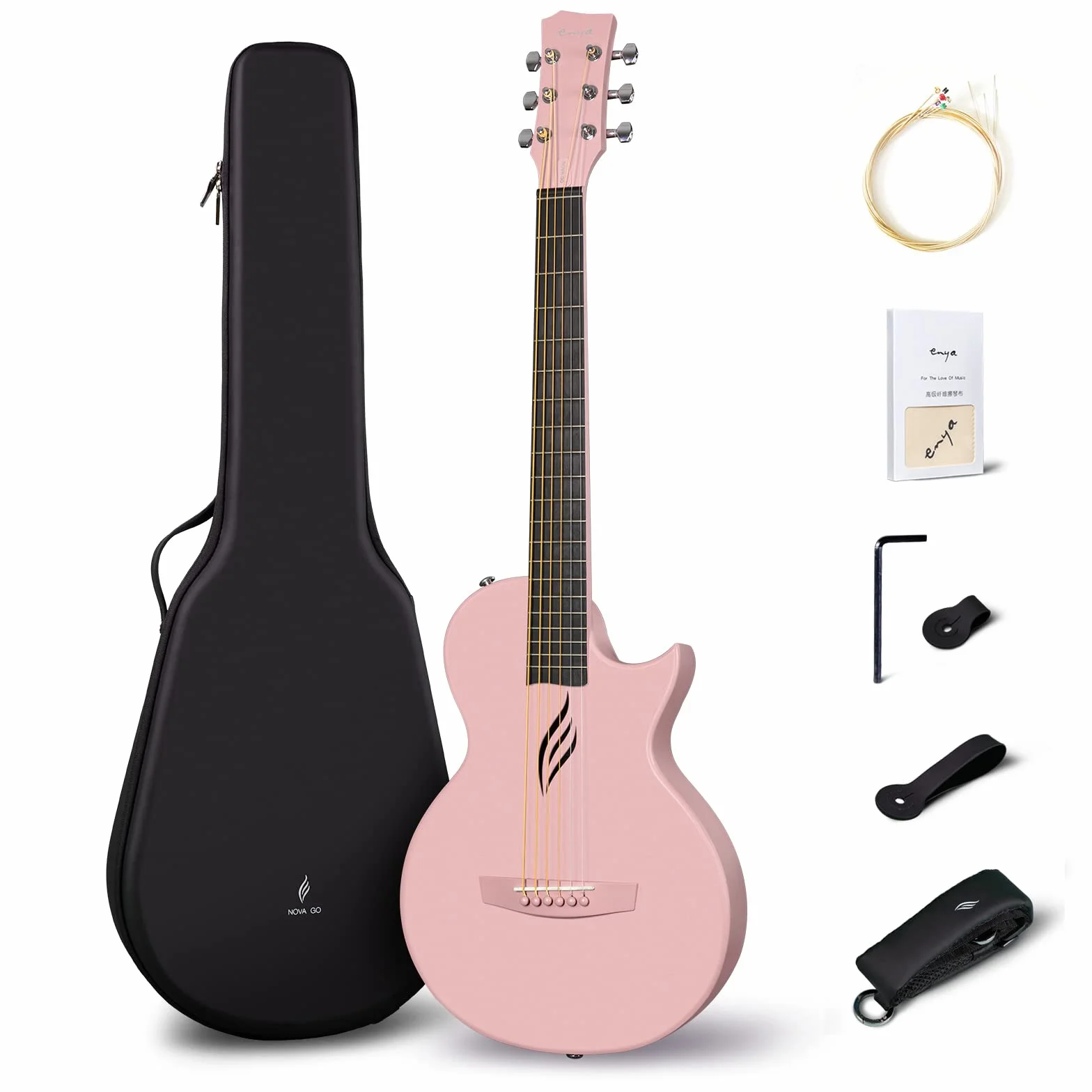 Enya Nova Go - Kit de iniciación de guitarra acústica moldeada integral de fibra de carbono de 33 pulgadas con estuche de guitarra y correas de (rosa)