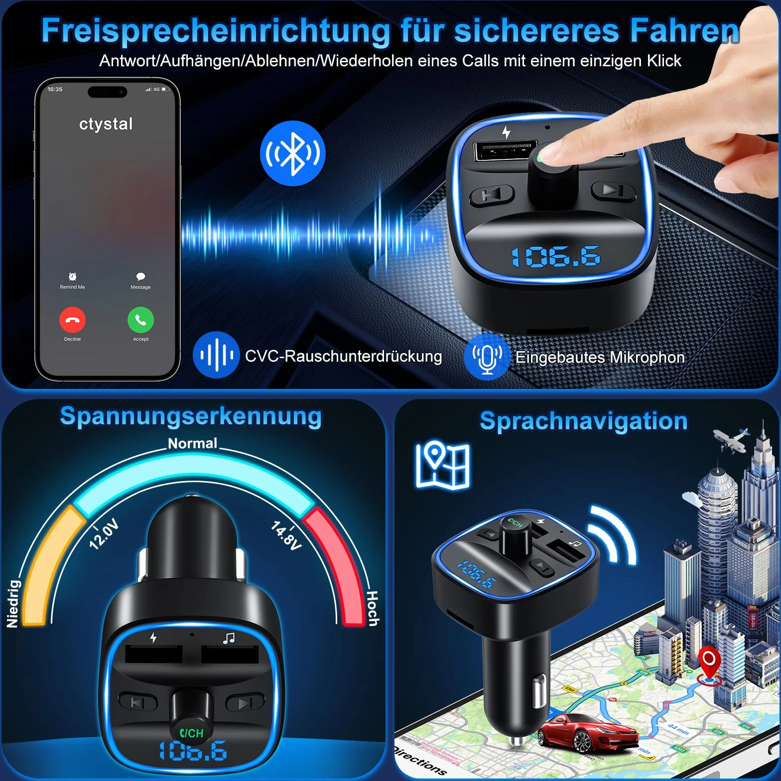Transmisor FM Bluetooth para Coche, Bluetooth 5.3 Manos Libres Inalámbrico Reproductor Coche con Dual USB 5V/2.4A, Hi-Fi Reproductor Música Adaptador de Radio Soporte Tarjetas SD USB Flash Drive