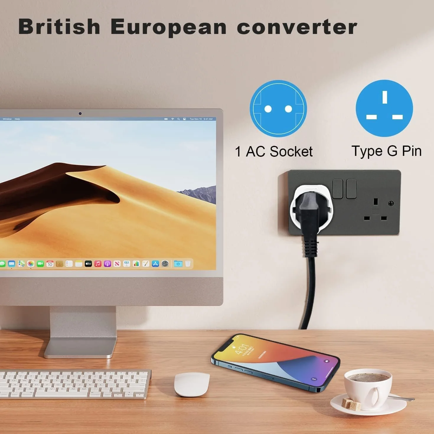 Adaptador Enchufe UK a Español Tipo G 2-Pin Europa a 3-Pin Reino Unido con Seguridad para Niños