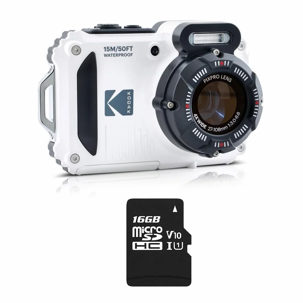 KODAK Pixpro Pack WPZ2 + 1 Tarjeta SD Compact 16M Pixels, Impermeable a 15 m, antigolpes, vídeo 720p, Pantalla LCD 2,7 – Batería Li-Ion – Blanco – Blanco