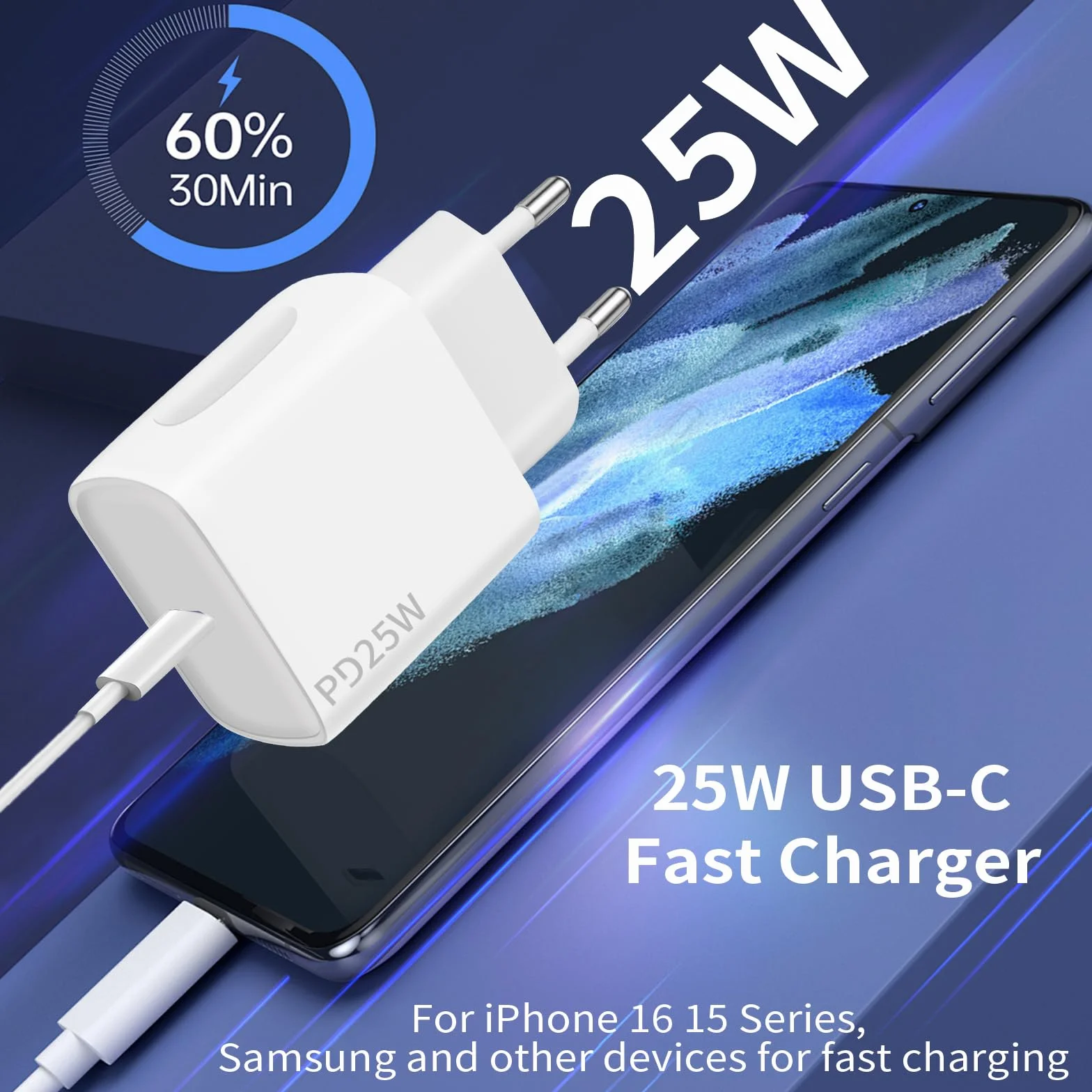 Cargador USB C 25W 2PCS Tipo C Cable Carga Rápida 2x2M para Samsung Galaxy iPhone iPad Xiaomi Huawei