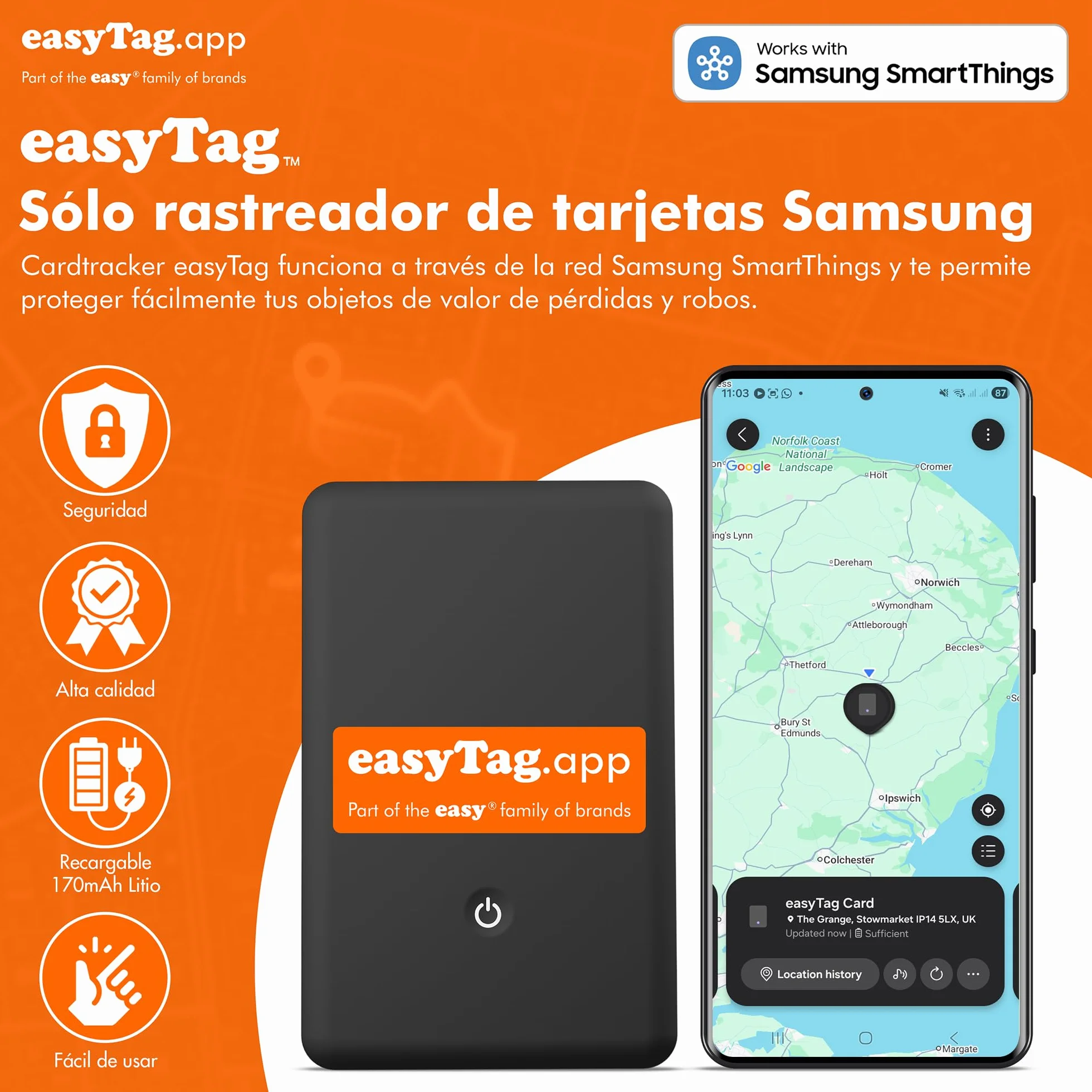 easyTag Card Tracker (Solo Samsung) - Tarjeta Localizador Cartera Slim y Global para el Rastreo de Carteras, Bolsas, Maletas y Equipaje. de Rastreo Recargable Compatible con la App Samsung SmartThings