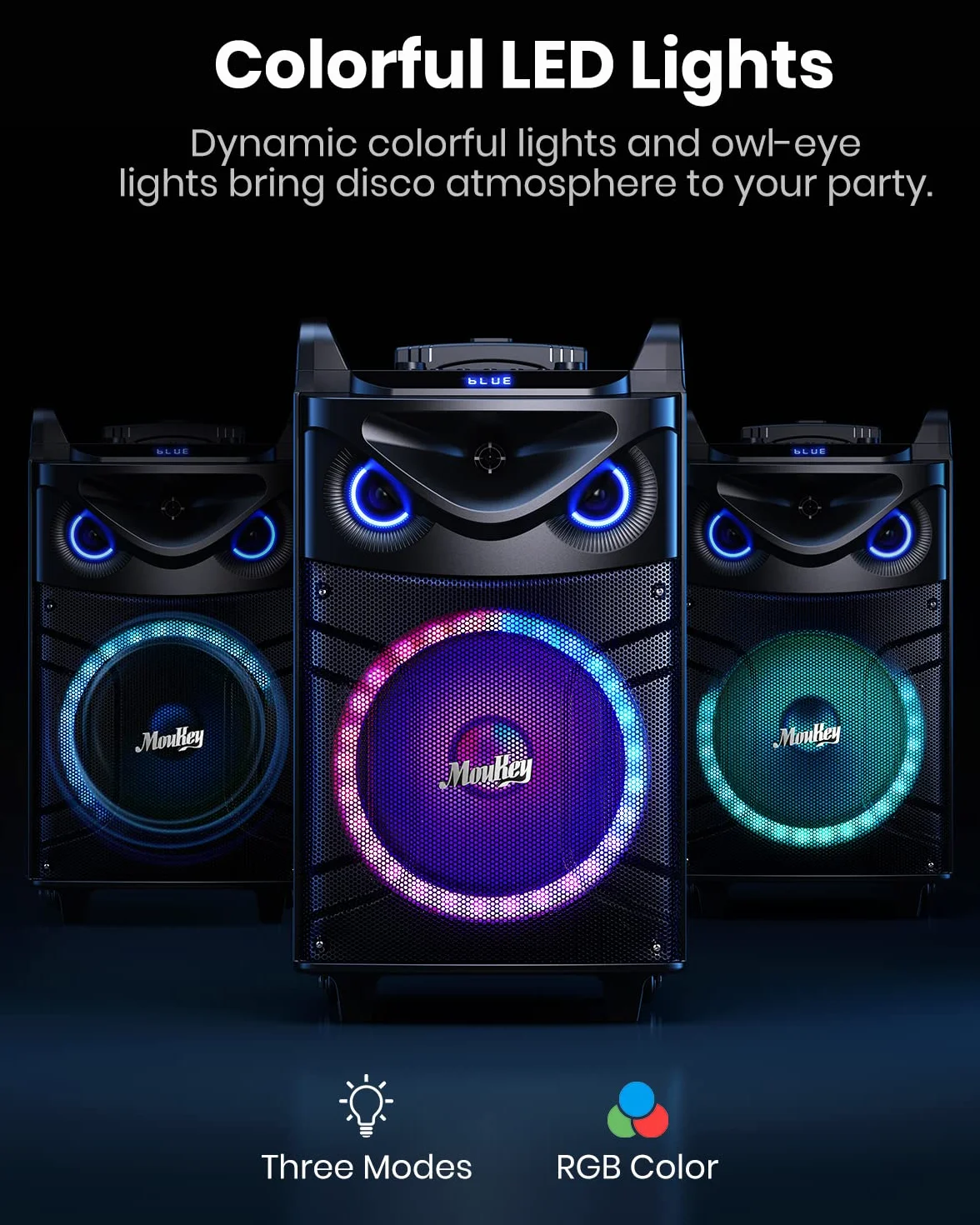 Moukey Altavoz Karaoke con 2 Micrófonos Inalámbricos, Máquina de Karaoke Bluetooth Portátil con Luces de Fiesta, Ajuste de eco/agudos/graves, 12" Woofer Sistema PA Soporte TWS/REC/AUX IN/MP3/USB/TF/FM