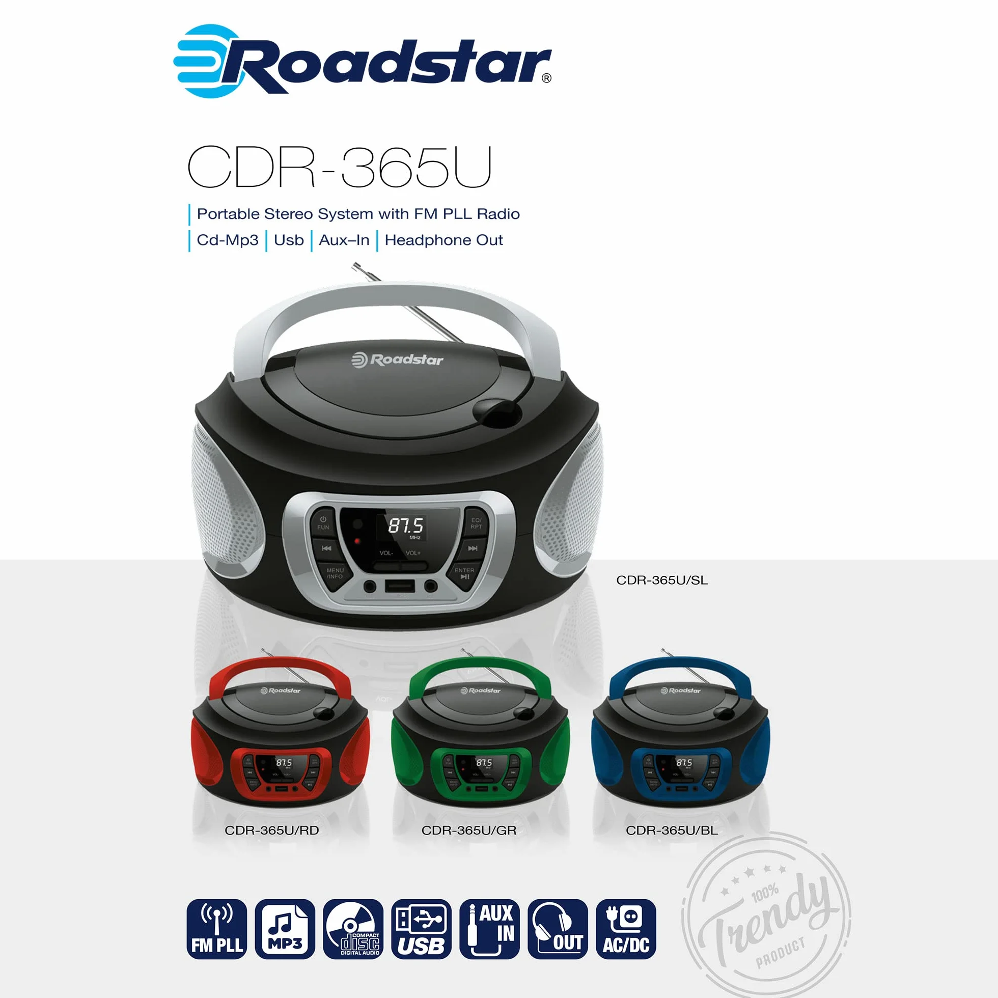 Roadstar CDR-365U/BL Radiocasete Portátil FM PLL, Reproductor CD USB AUX, Negro/Azul