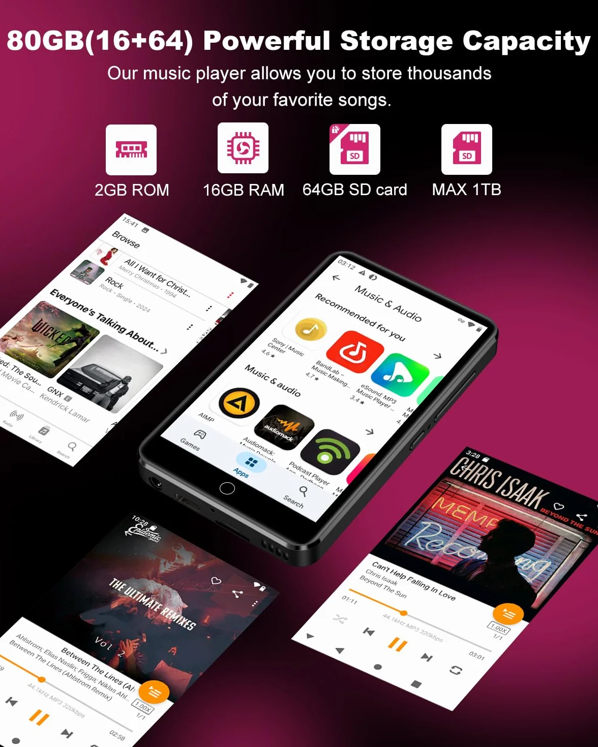 Reproductor MP3 de 80 GB con Spotify, WiFi y Bluetooth, Pantalla táctil ZAQE de 4 Pulgadas, Reproductor MP4 con Android 13, Compatible con Audible, Radio FM, Amazon Music, Deezer,Play Store