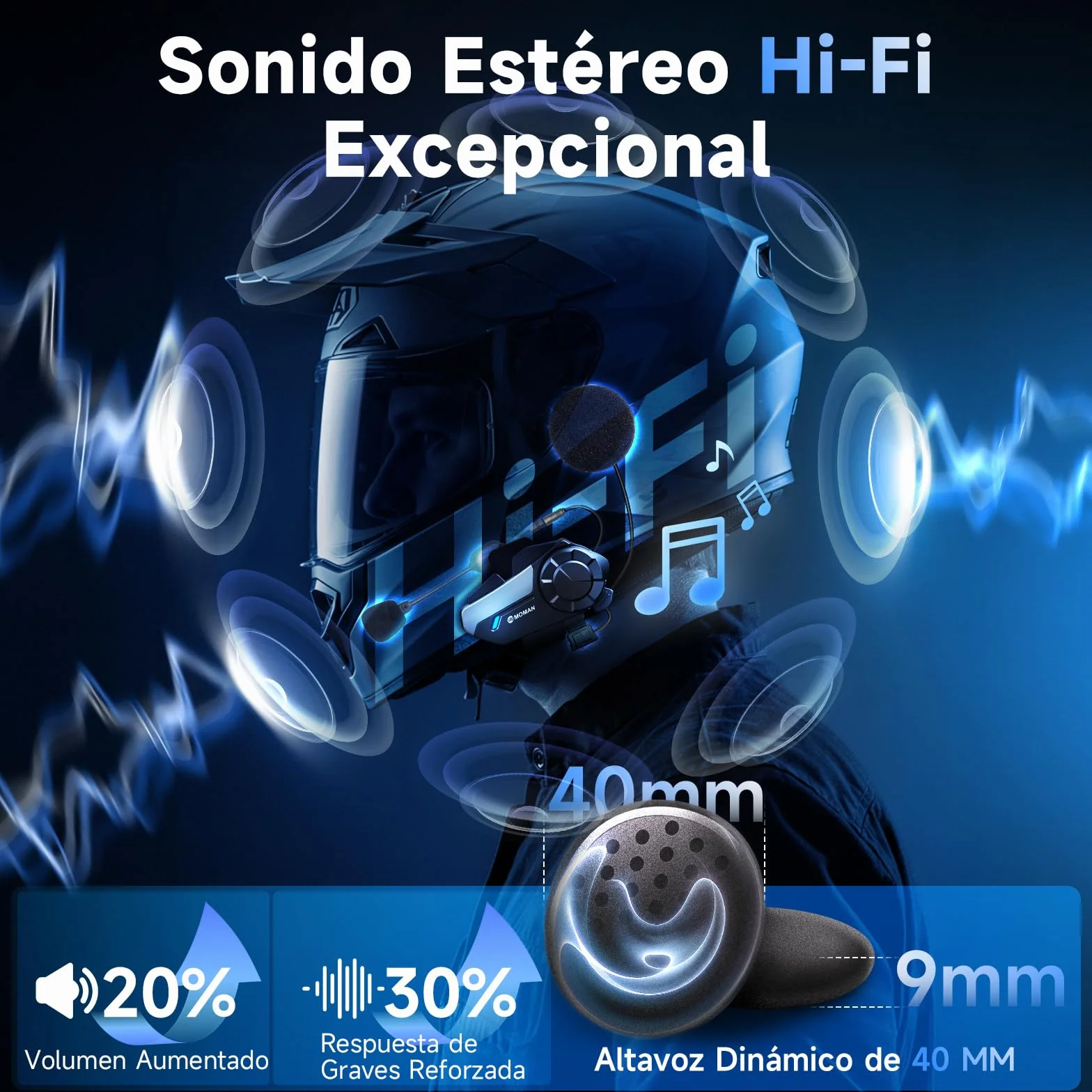 Moman H2S Intercomunicador Casco Moto 2 Vías 1000M AI Reducción de Ruido Auriculares HiFi Compartir Música (2 Pieza)