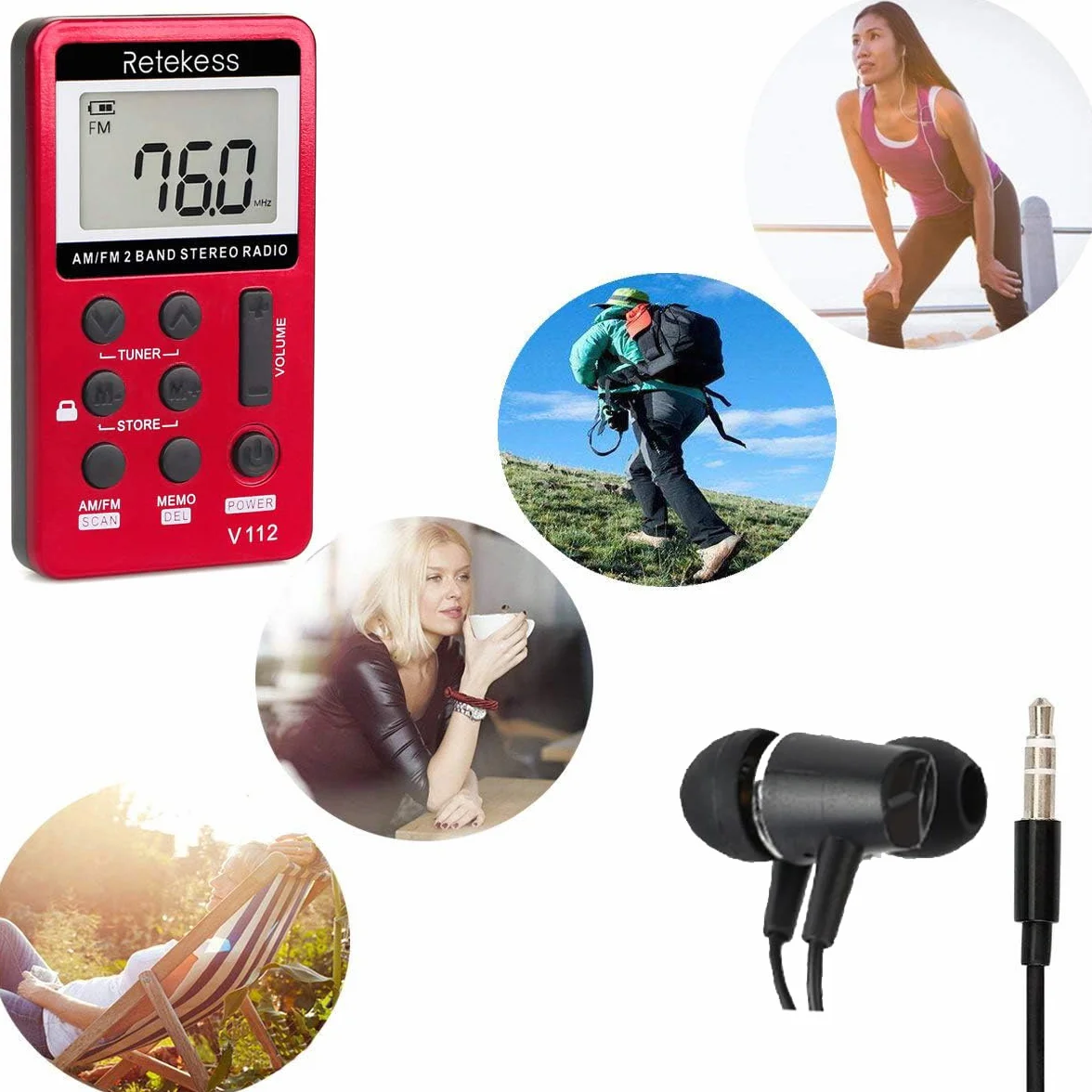 Retekess V112 Radio Portátil Pequeña,Mini Receptor de Sintonizador Digital Am FM,Batería Recargable,con Auriculares,Temporizador de Apagado,Adecuado para Correr,Viajar,Pescar(Rojo)