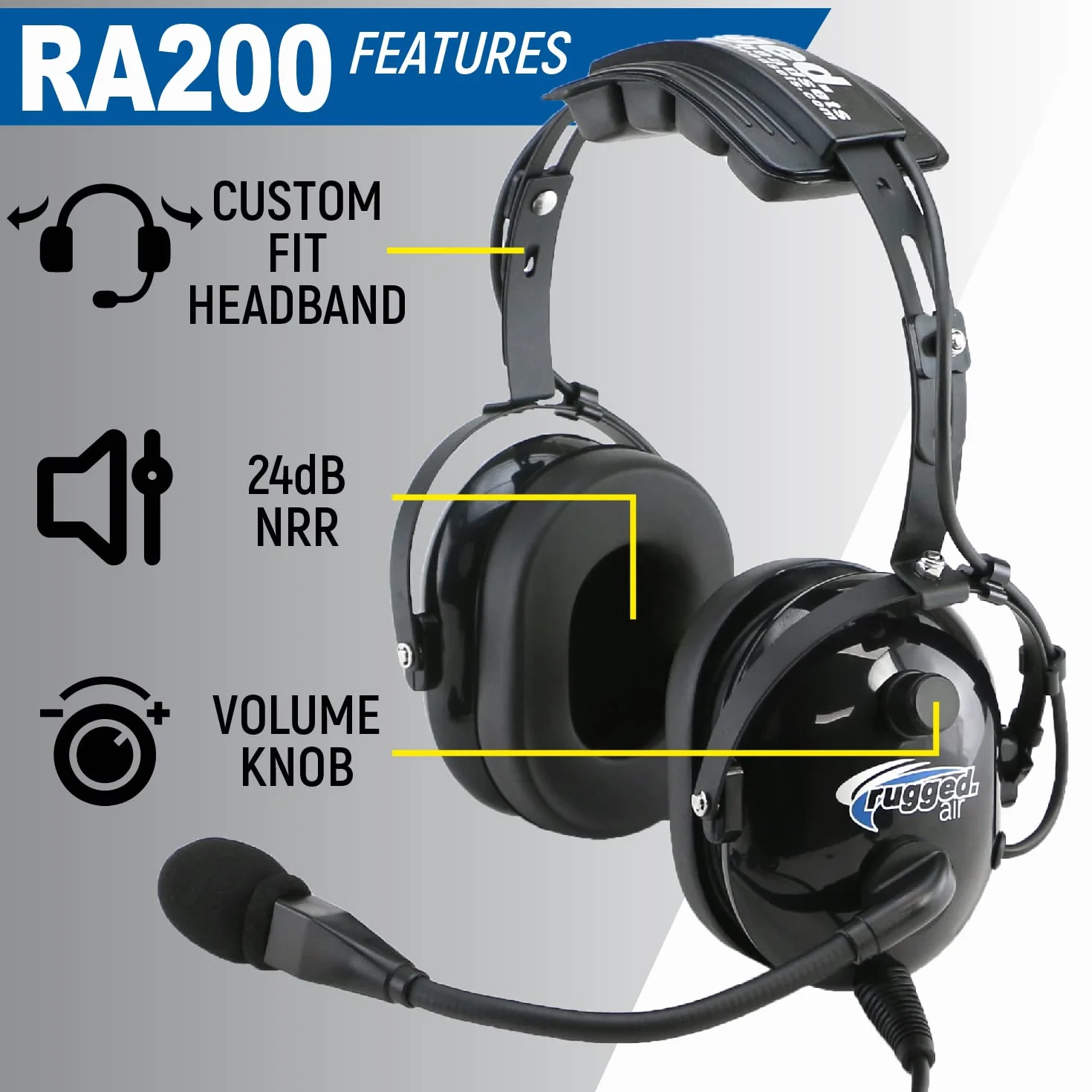 Rugged Air WINCASE RA200 Black General Aviation Pilot Headset