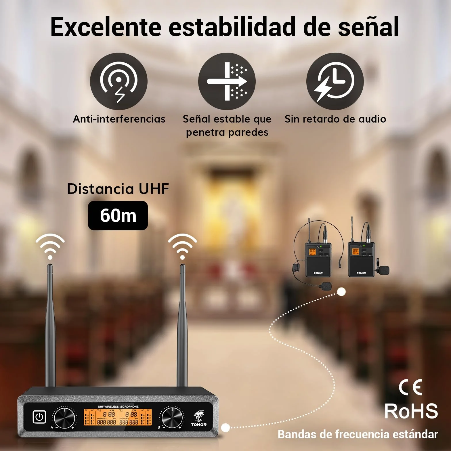 TONOR Sistema de Microfono Inalambrico, con Micrófono Diadema/Lavalier Solapa Bolsillo Mic, Bodypack Transmisorcon, Receiver de Metal, 2x5 Frecuencias UHF, 60M para Cantar Karaoke Lglesia Reunión