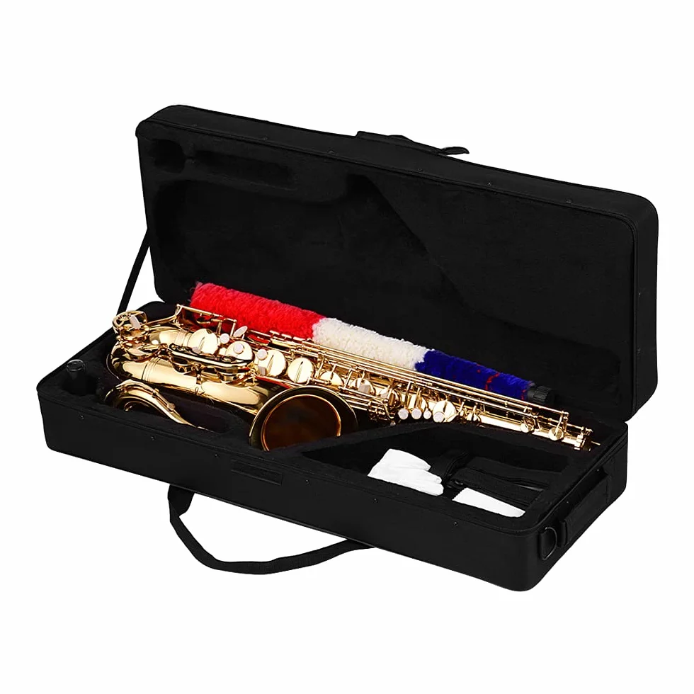 Lechnical Saxofón tenor Bb Sax Cuerpo de latón Superficie lacada en oro Instrumento de viento de madera con estuche de transporte Guantes Paño de limpieza Cepillo Sax Correas para el cuello