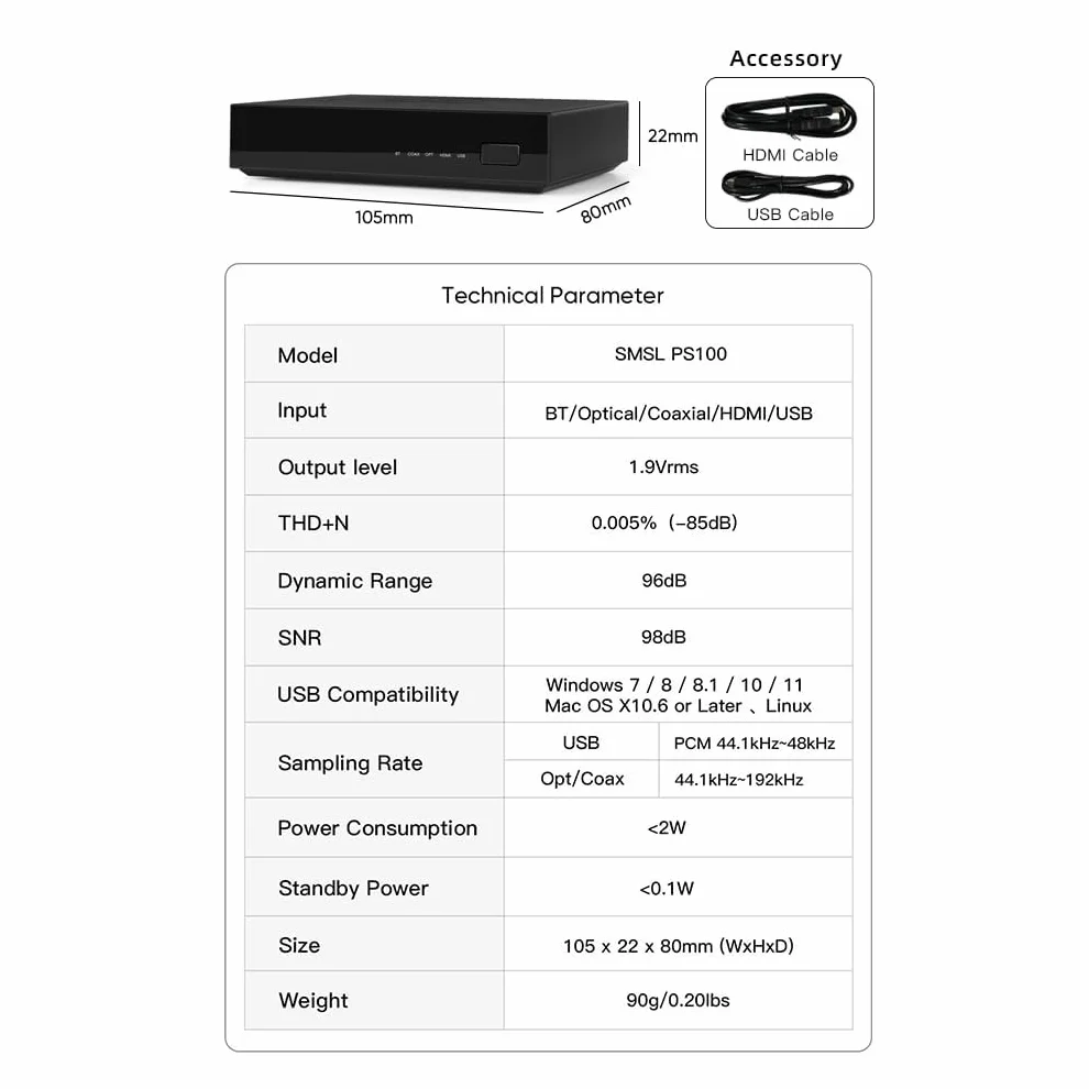 SMSL PS100 Convertidor de Audio Digital a Analógico 192kHz USB Bluetooth HDMI ARC DAC Óptico Coaxial RCA