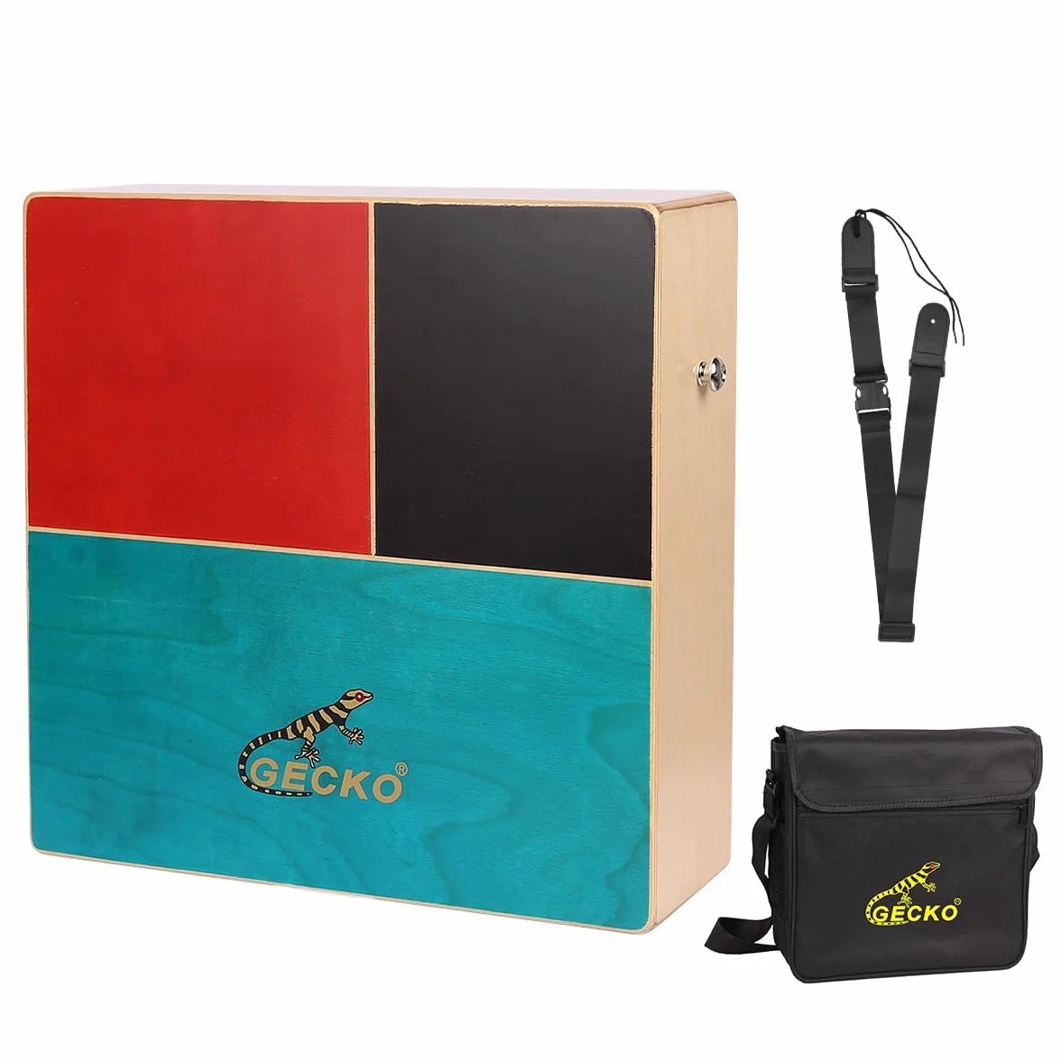 GECKO Cajón de tambor de doble cara de madera con sonidos de bongo y cuerdas de guitarra, percusión manual portátil para principiantes y bateristas profesionales, de abedul y nogal, incluye bolsa de