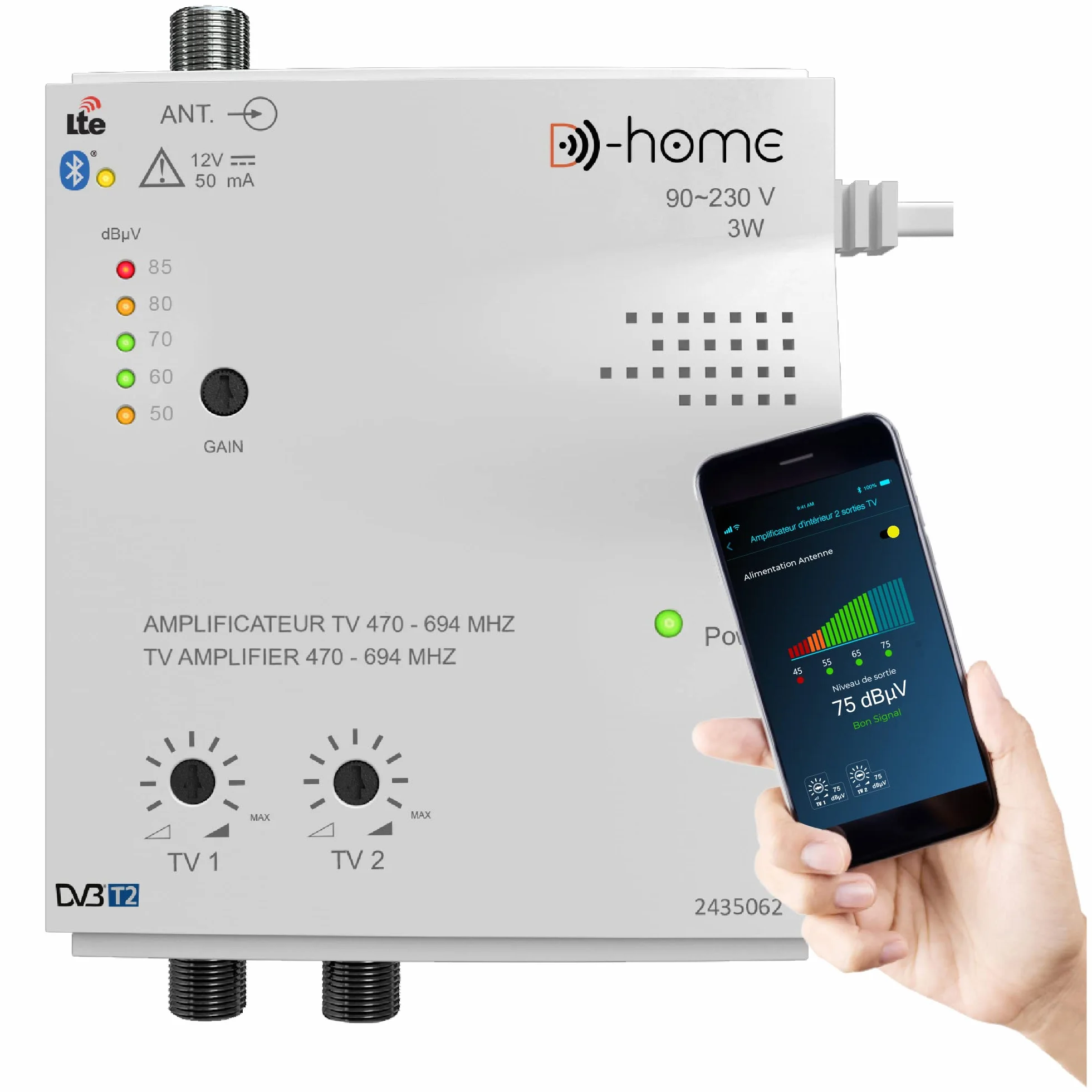 D-Home - Amplificador de TV TNT Interior 2 Salidas 32dB Conectado Filtrado 4G-5G - Funciona con la App Móvil TV Finder para encontrar la mejor señal disponible. Para cualquier antena