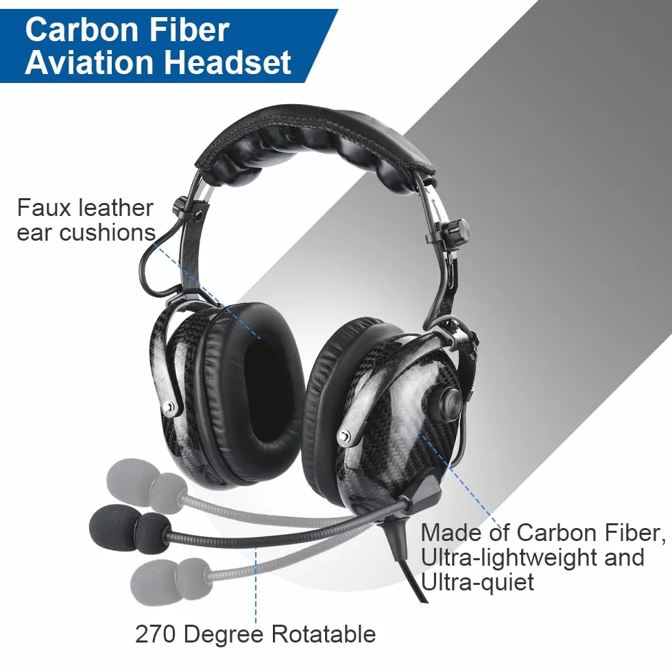 Auriculares de aviación de fibra de carbono con reducción de ruido pasiva, compatibilidad mono y estéreo, micrófono con cancelación de ruido, entrada MP3, incluye bolsa para