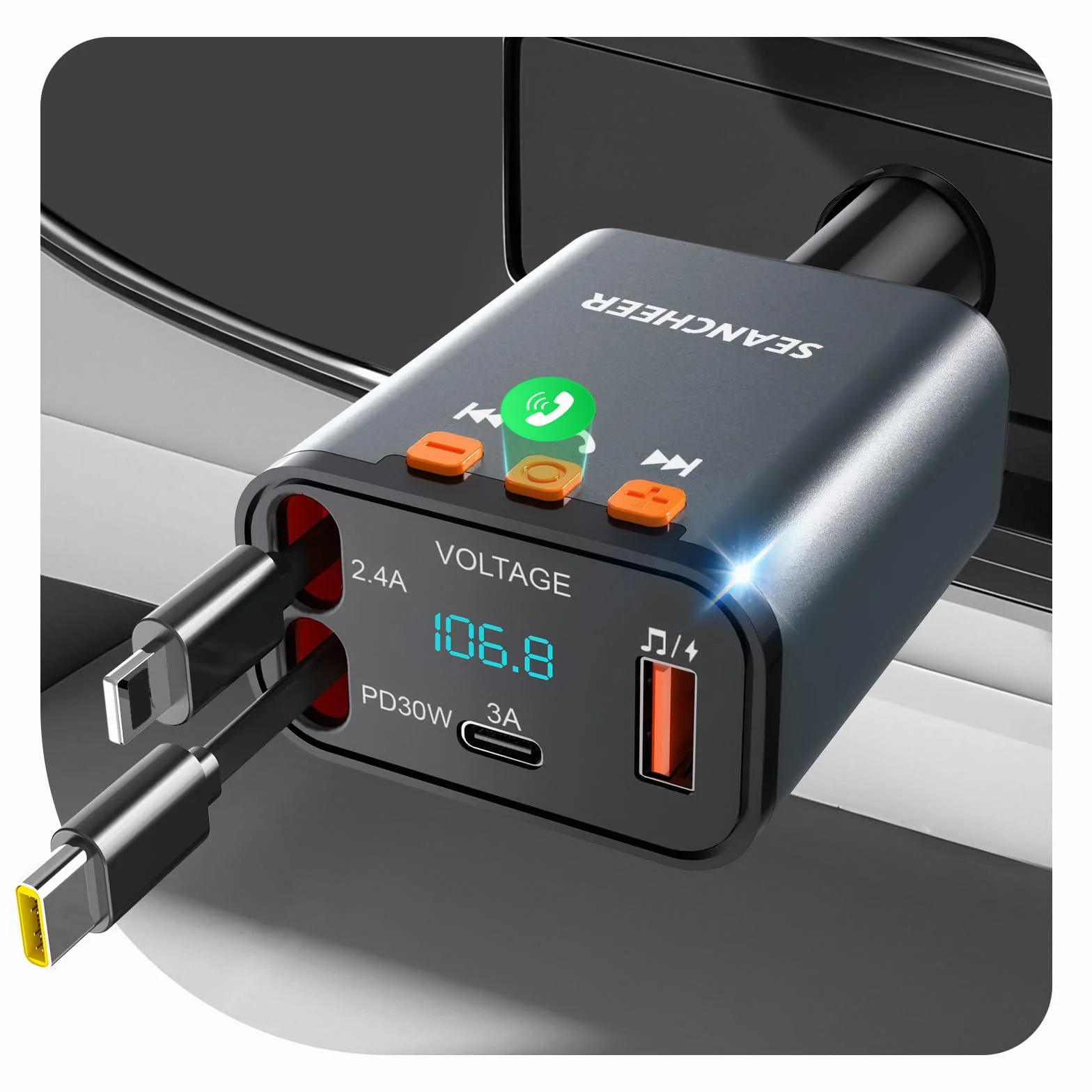 SEANCHEER Cargador Coche USB C Transmisor FM Bluetooth, Cargador Mechero 69W 2 Cables Retráctiles, Bluetooth 5.3, USB Mechero 24V/12V (Gris [C+Lightning])