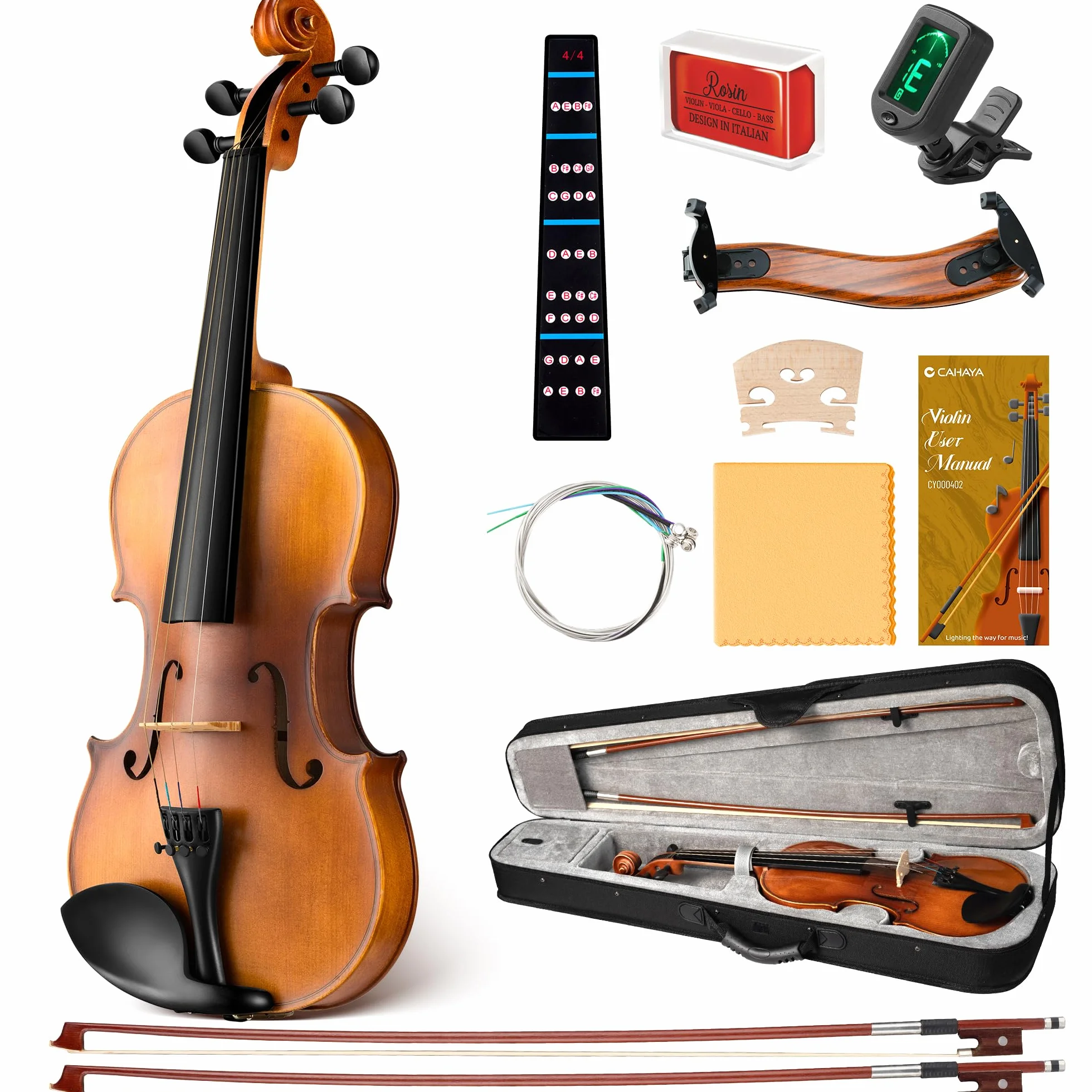 CAHAYA Violín d Madera Maciza Tamaño 4/4 – Exquisita Artesanía Conjunto de Violin con Estuche de Violín Apoya-Hombros Afinador d Resina para Principiantes y Iños arco doble