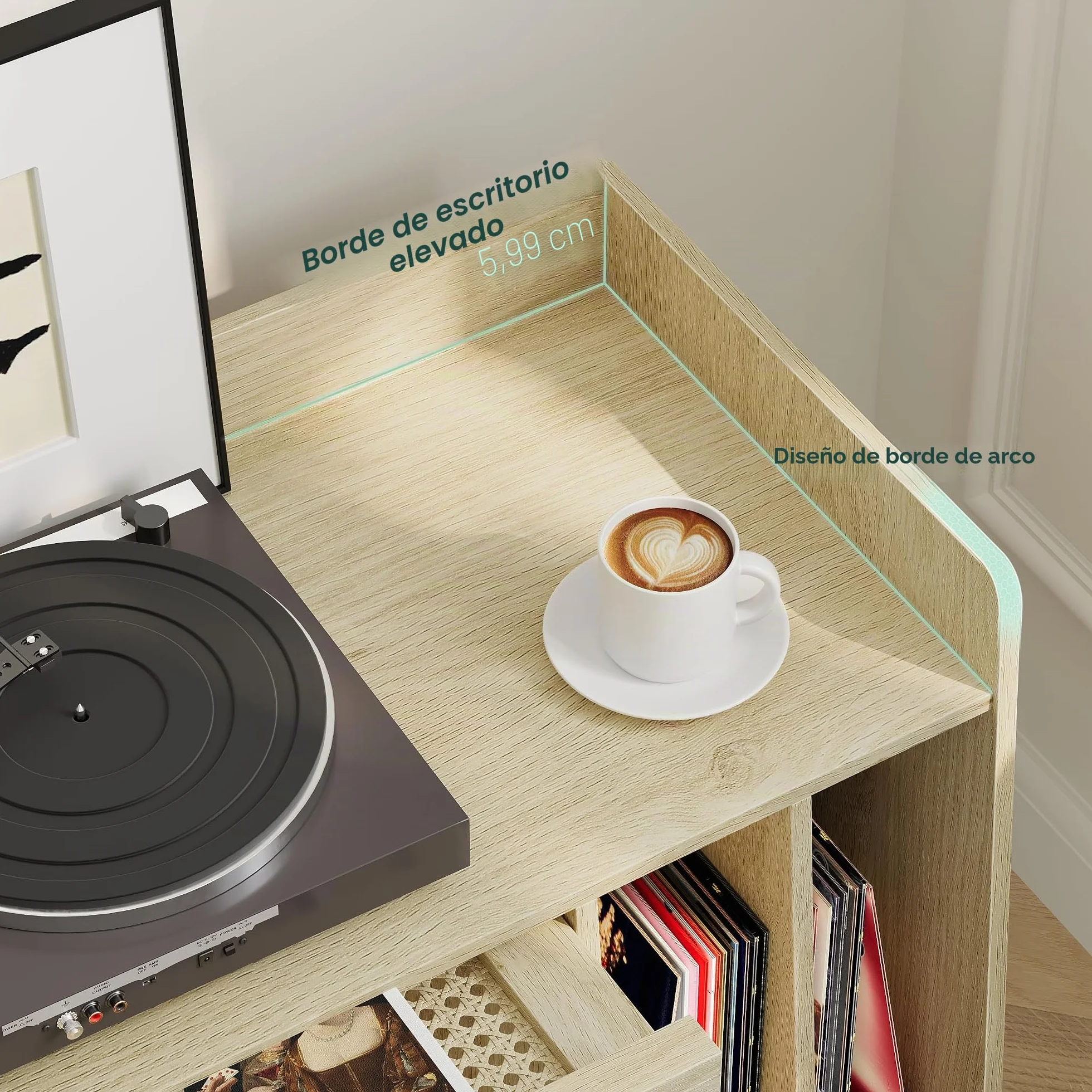 Semiocthome Soporte para tocadiscos con almacenamiento de vinilo, mesa de tocadiscos con puerta de armario de ratán, soporte para discos de vinilo con área de exhibición, mesa auxiliar con patas de