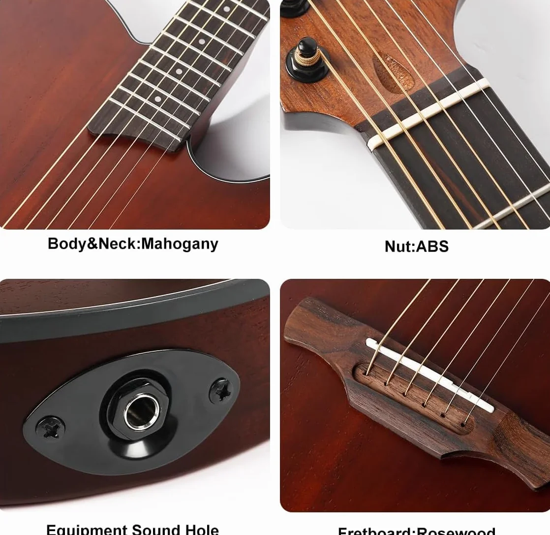 Guitarra acústica silenciosa con pastillas integradas portátil, eléctrica y acústica guitarra clásica para músico viajero y principiante incluye: funda, correa, cuerdas de acero, cable y púas (Marrón)