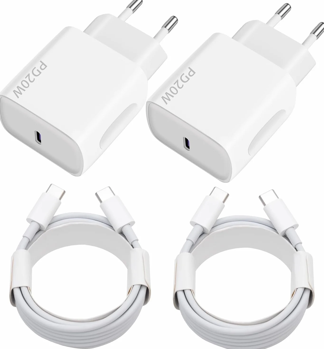 Cargador USB C 20 W 2 Paquetes Enchufe USB C Rápido Cable USBC 2x2m para iPhone 16 15 Pro MAX Samsung Galaxy iPad Huawei Xiaomi