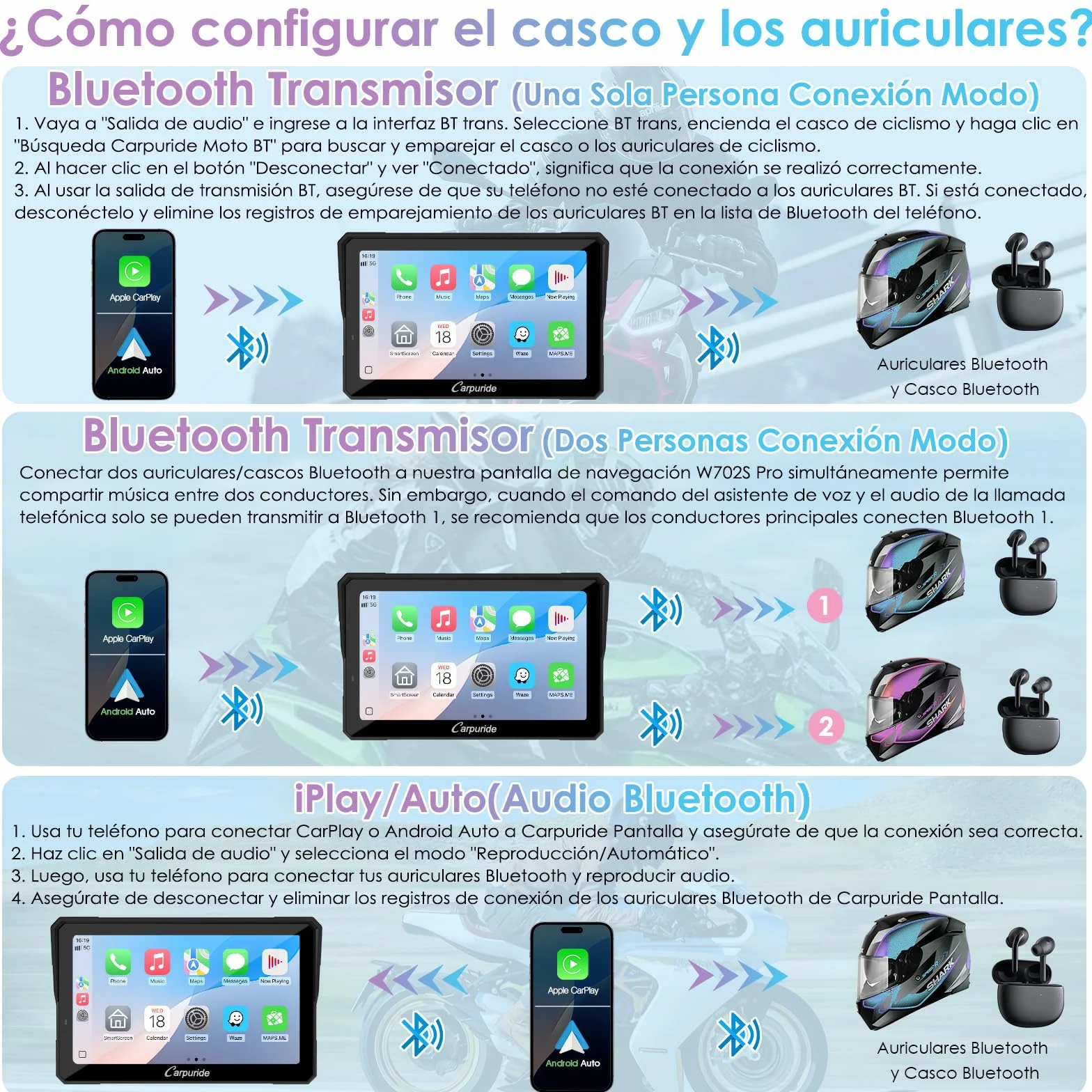 CARPURIDE W702S Pro Motocicleta CarPlay 7" Impermeable Táctil Pantalla Inalámbrico Android Auto Dual Bluetooth
