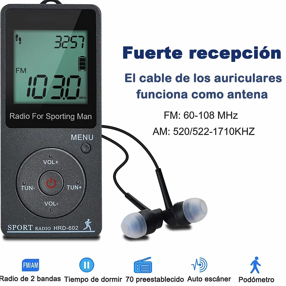 Radio Portátil AM FM de Bolsillo con Pantalla Digital LCD, Recargable USB, Preajuste, Temporizador, Reloj Despertador