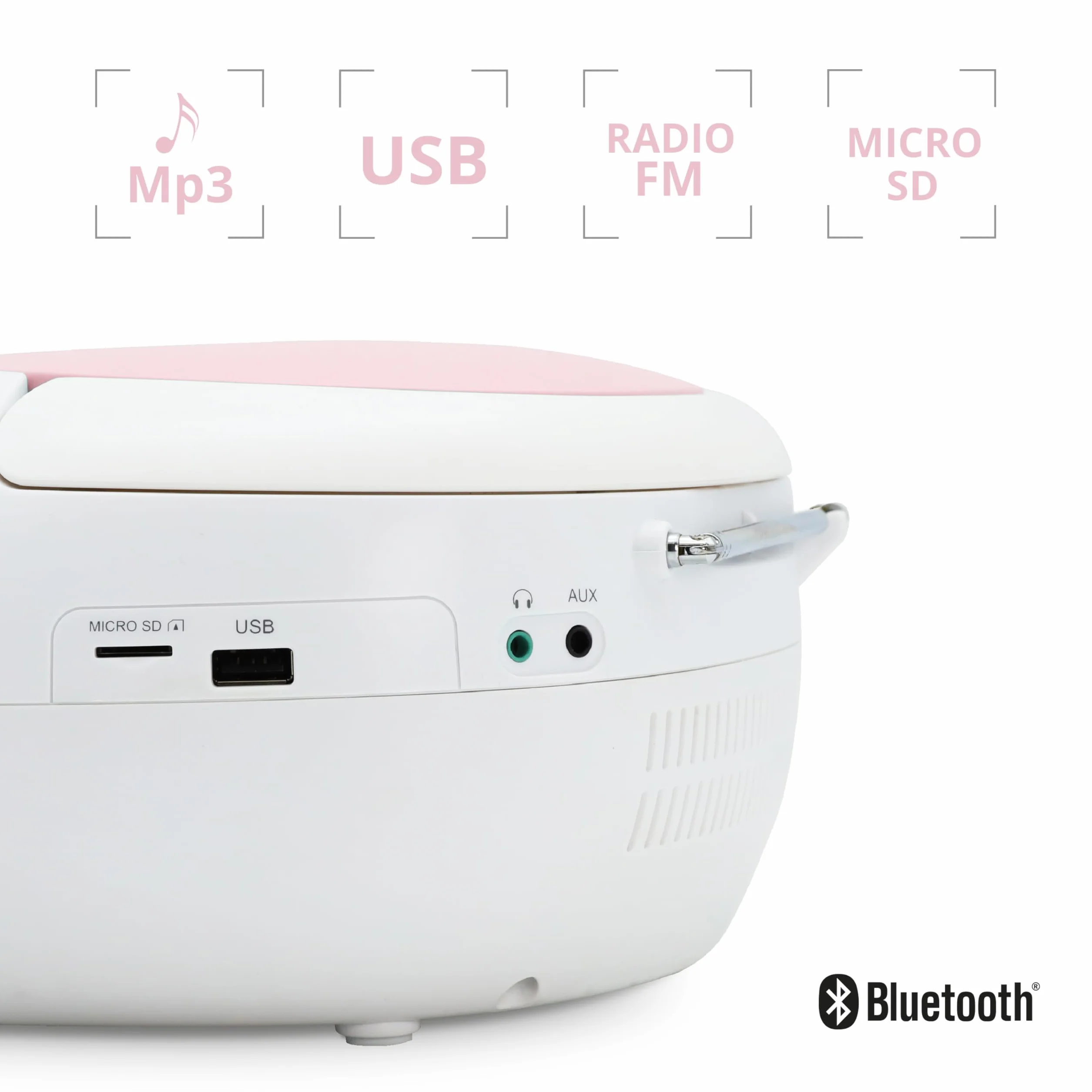 Metronic Radio CD Lector Portátil Bluetooth Rosa, Reproductor de CD Compacto con Altavoz Estéreo, USB, microSD, Radio FM