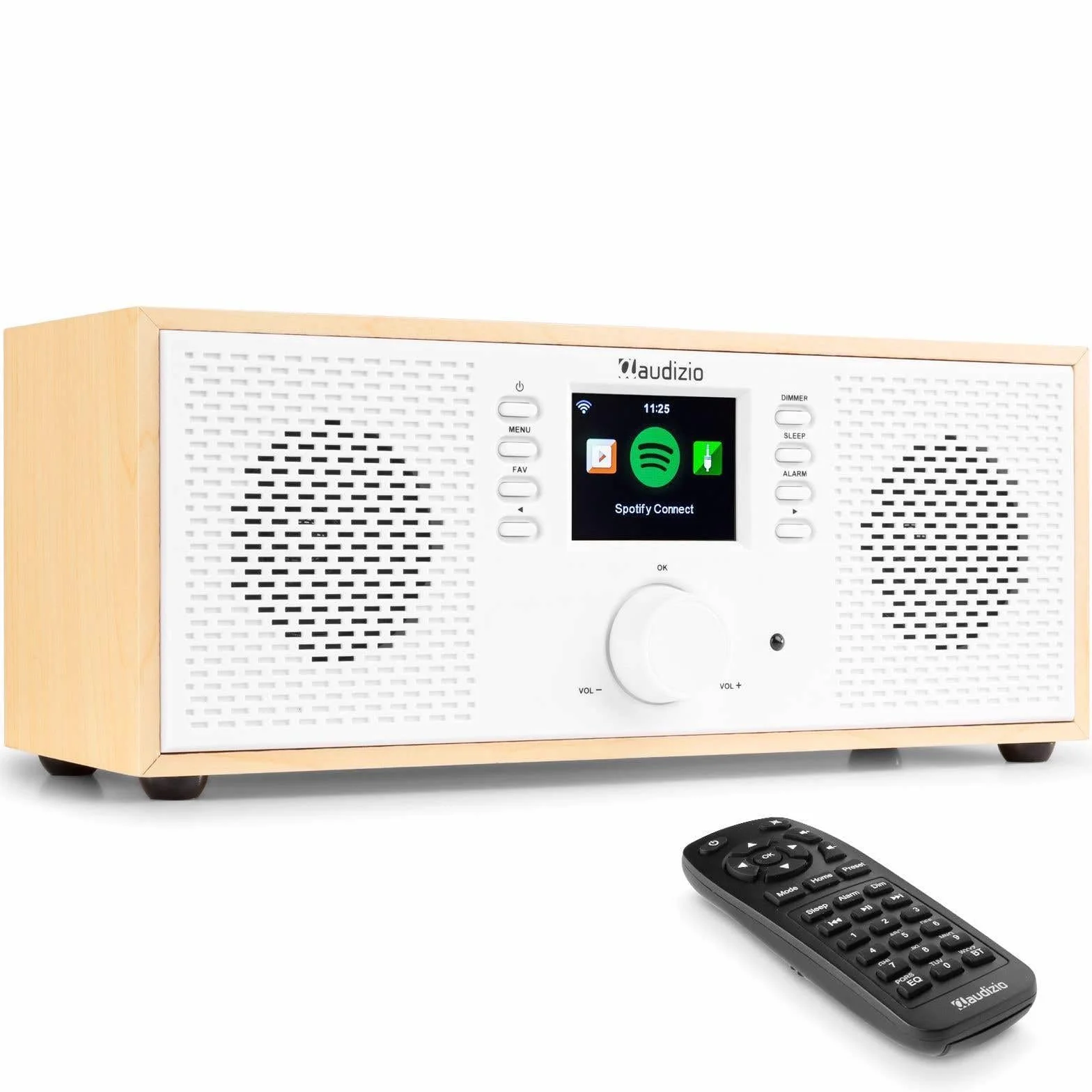 Audizio Rimini - Radio por Internet WiFi con Bluetooth y Spotify Connect, Sonido estéreo de 50W, Salida de Auriculares, Entrada AUX, Ideal para Cocina, salón o Oficina, Acabado Madera Clara y Blanco