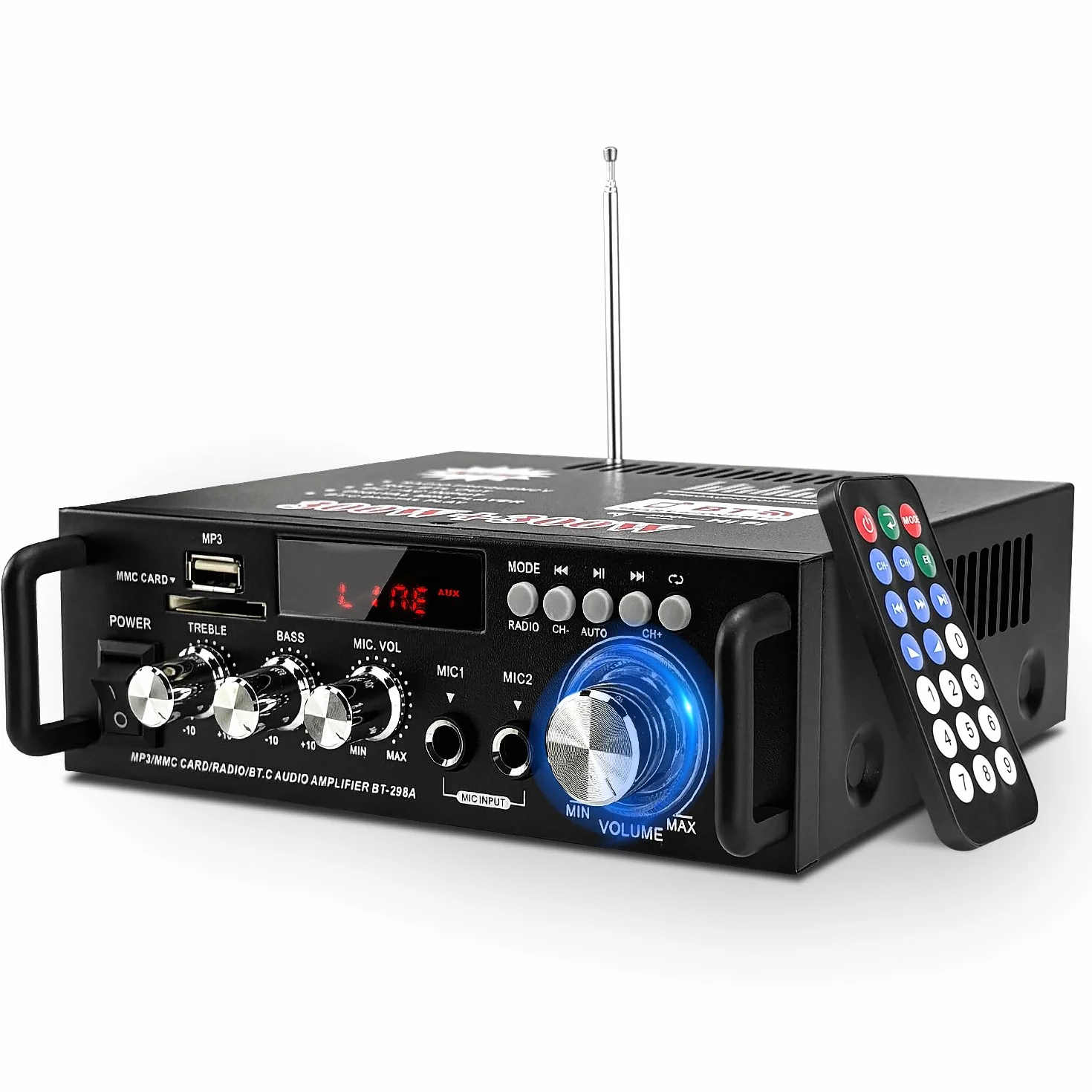 Mini Bluetooth Amplificador Audio, 600W HiFi de 2.0 Canales Audio Stereo Music Reproductor, SD Card/USB Input/FM Radio, para PC, TV, Amplificador Coche, casa Altavoz, subwoofer BT 12v 220V (600W)